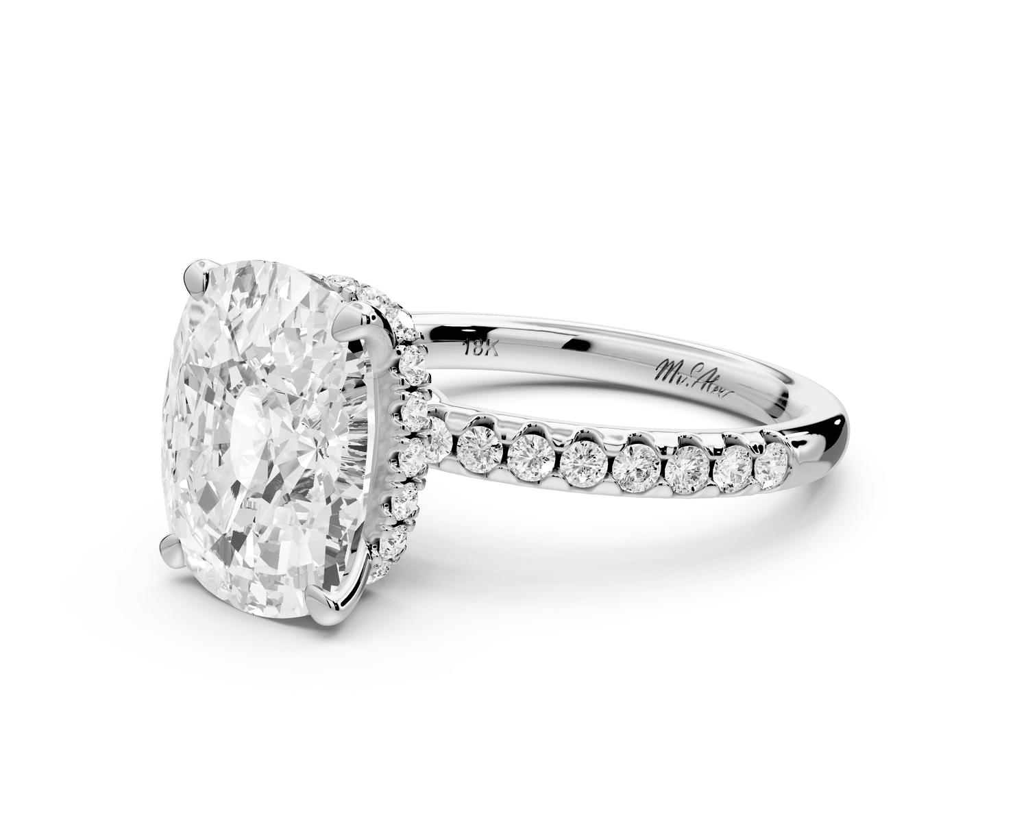 Arina - 5ct 14k white gold ecushion Diamond with a wrap around halo and pavé engagement ring - Mr. Alex Jewelry