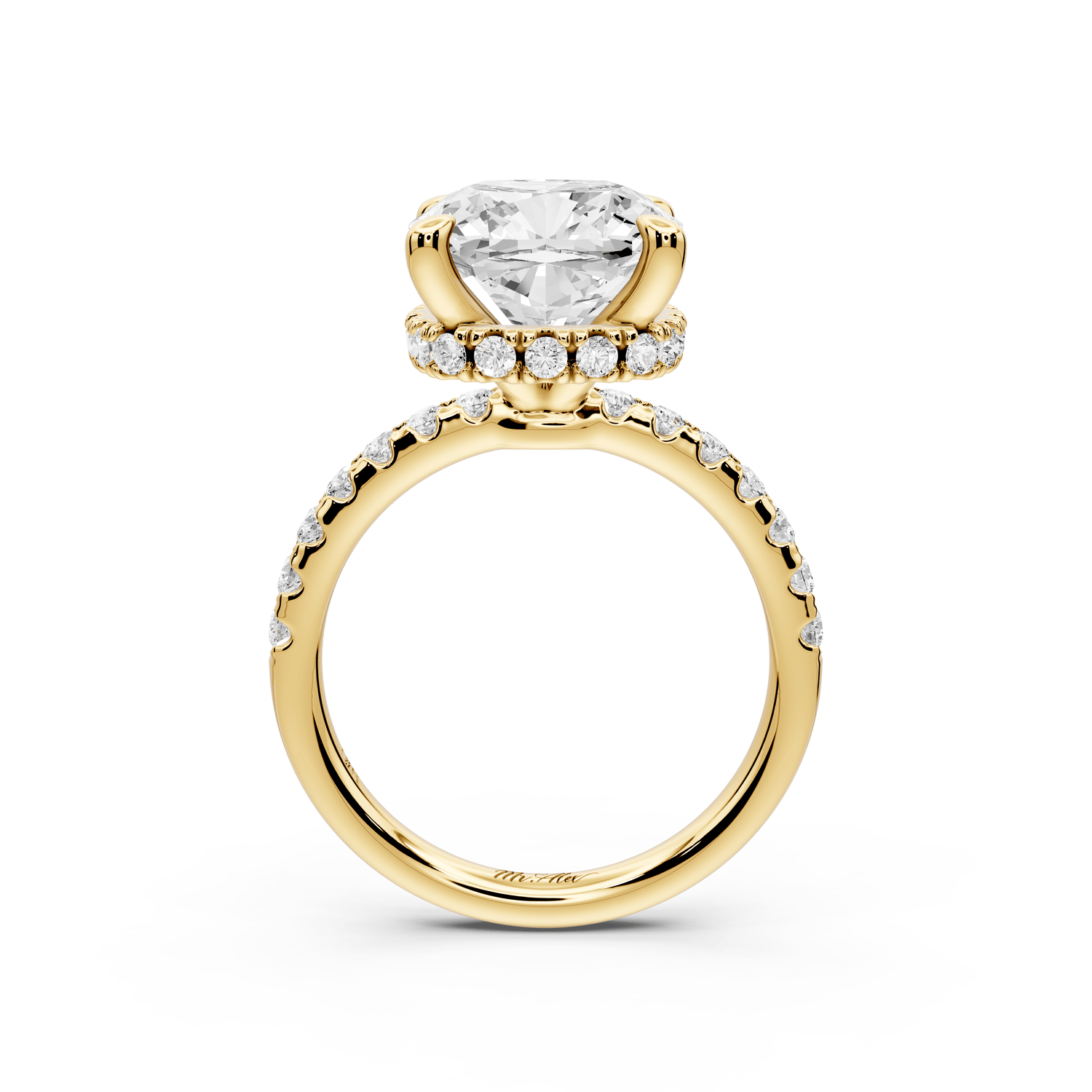 Arina - 5ct 14k yellow gold cushion Diamond with a wrap around halo and pavé engagement ring - Mr. Alex Jewelry