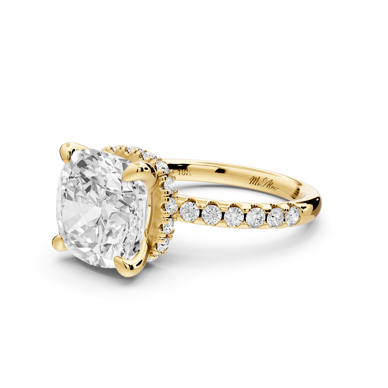 Arina - 5ct 14k yellow gold cushion Diamond with a wrap around halo and pavé engagement ring - Mr. Alex Jewelry