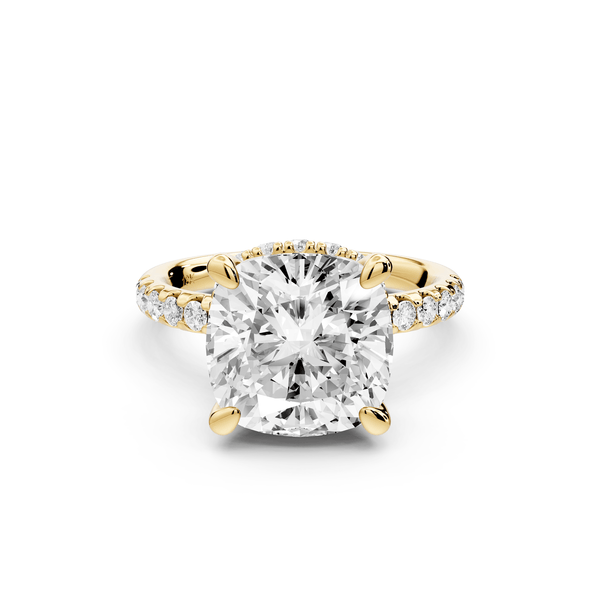 Arina - 5ct 14k yellow gold cushion Diamond with a wrap around halo and pavé engagement ring - Mr. Alex Jewelry