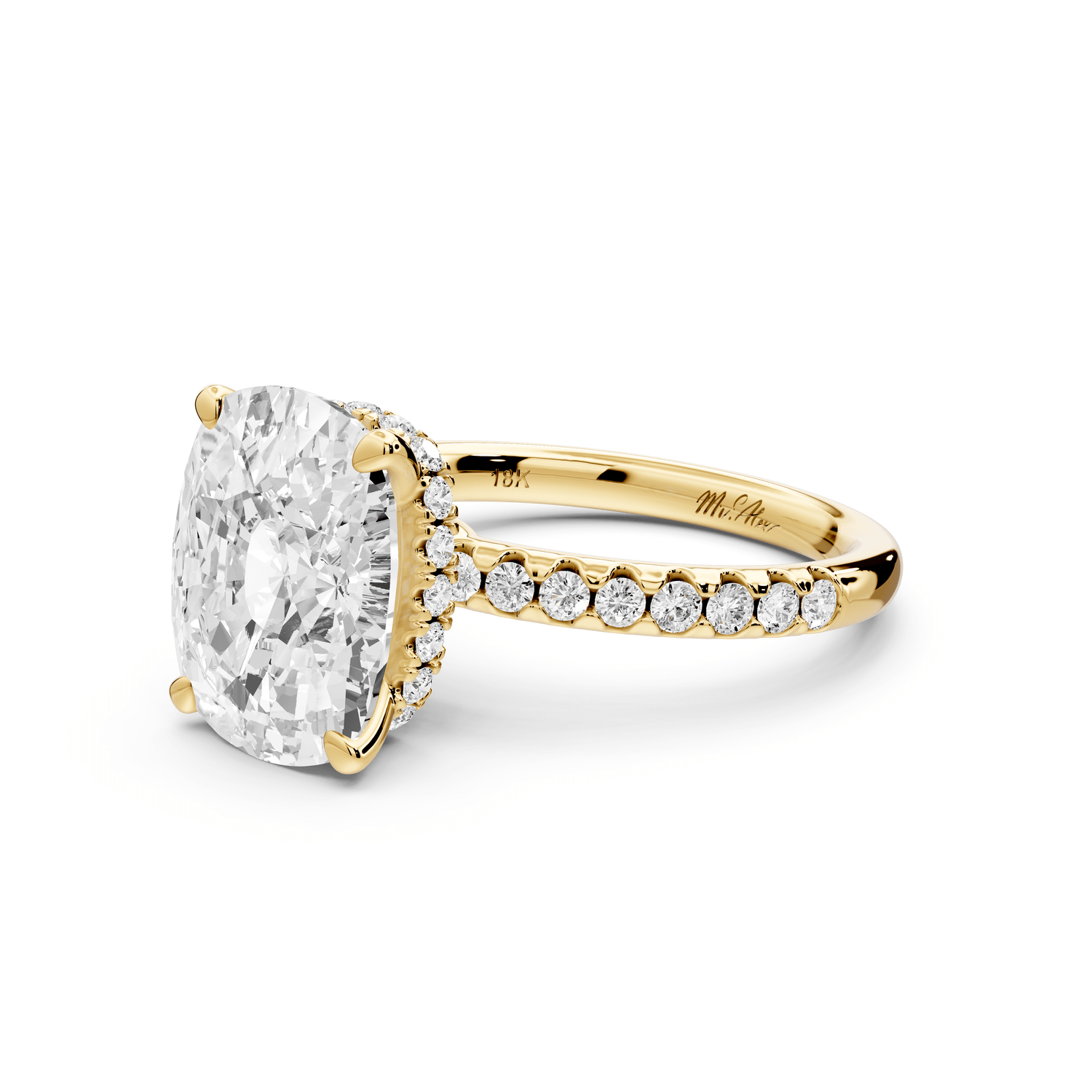 Arina - 5ct 14k yellow gold ecushion Diamond with a wrap around halo and pavé engagement ring - Mr. Alex Jewelry