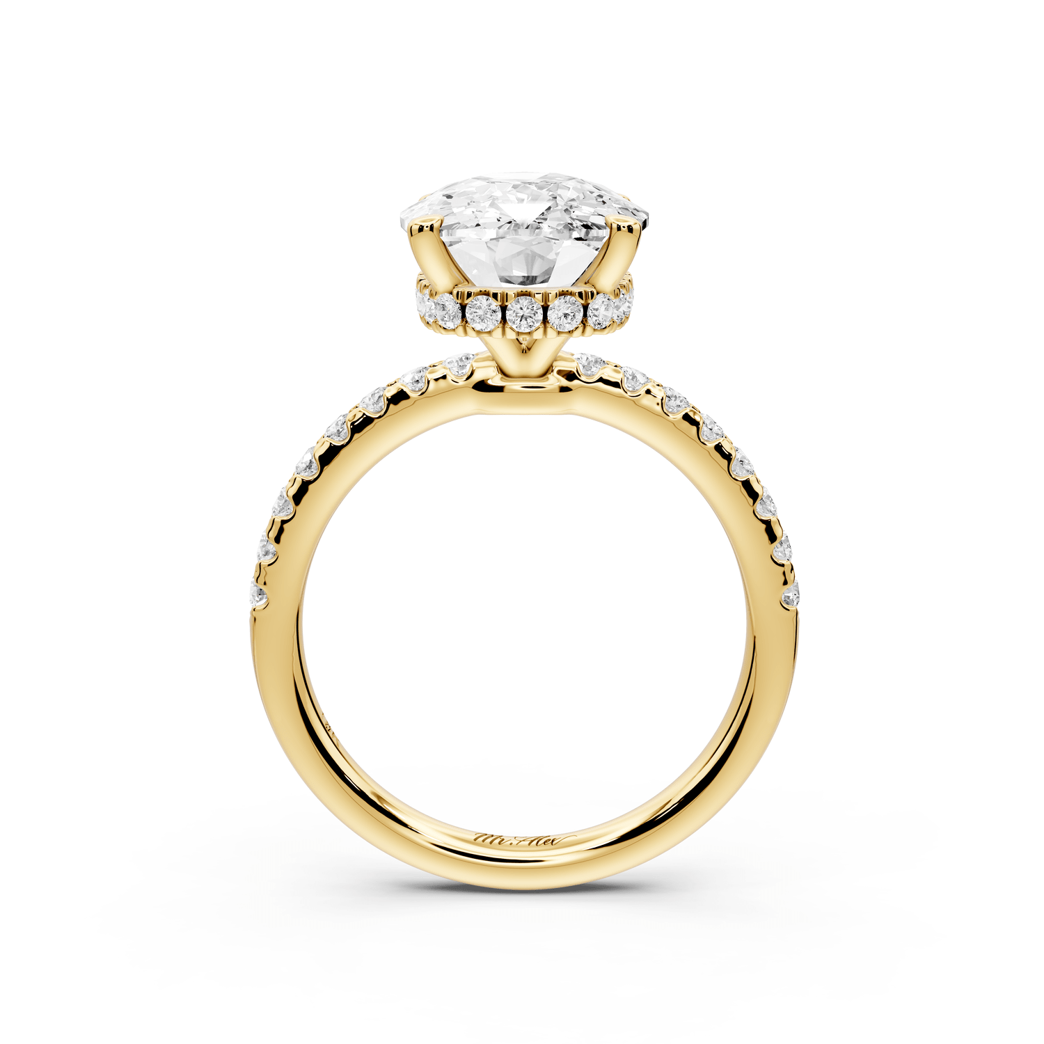 Arina - 5ct 14k yellow gold ecushion Diamond with a wrap around halo and pavé engagement ring - Mr. Alex Jewelry