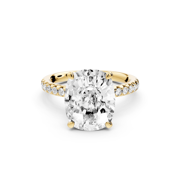 Arina - 5ct 14k yellow gold ecushion Diamond with a wrap around halo and pavé engagement ring - Mr. Alex Jewelry