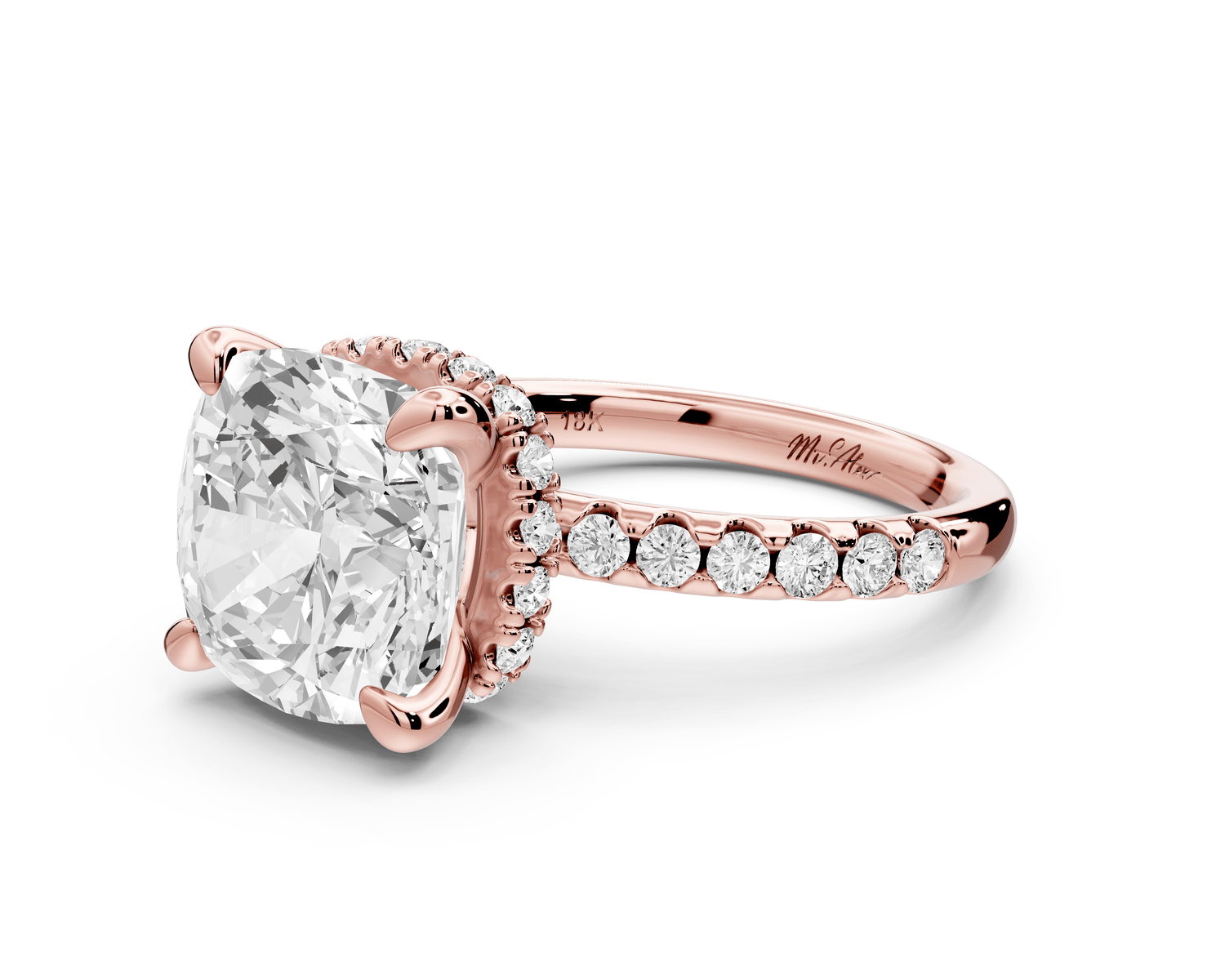 Arina - 5ct 18k rose gold cushion Diamond with a wrap around halo and pavé engagement ring - Mr. Alex Jewelry