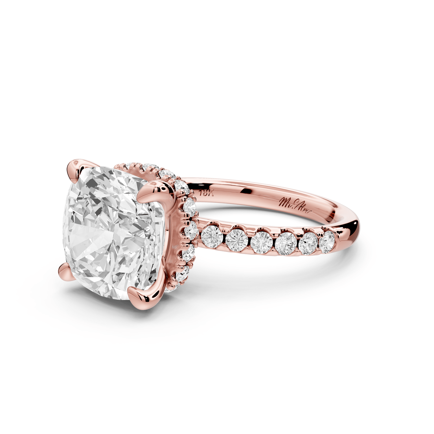 Arina - 5ct 18k rose gold cushion Diamond with a wrap around halo and pavé engagement ring - Mr. Alex Jewelry