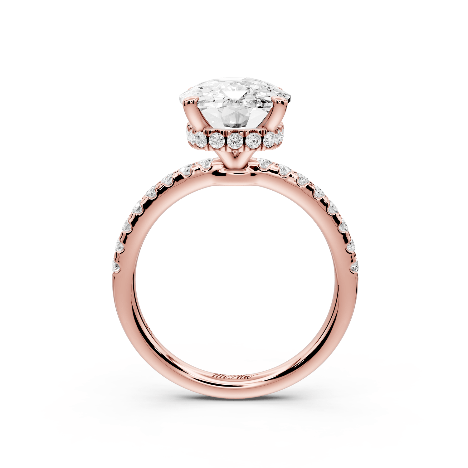 Arina - 5ct 18k rose gold ecushion Diamond with a wrap around halo and pavé engagement ring - Mr. Alex Jewelry