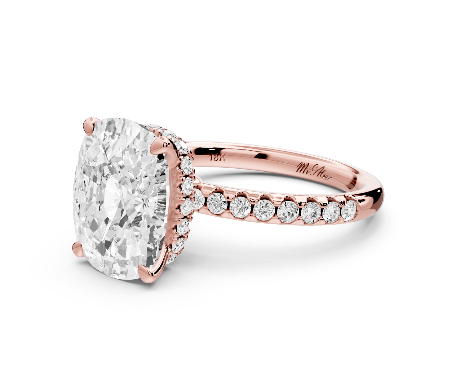 Arina - 5ct 18k rose gold ecushion Diamond with a wrap around halo and pavé engagement ring - Mr. Alex Jewelry