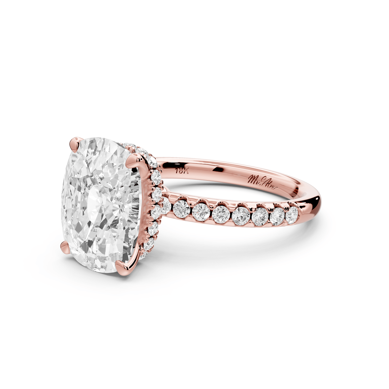 Arina - 5ct 18k rose gold ecushion Diamond with a wrap around halo and pavé engagement ring - Mr. Alex Jewelry