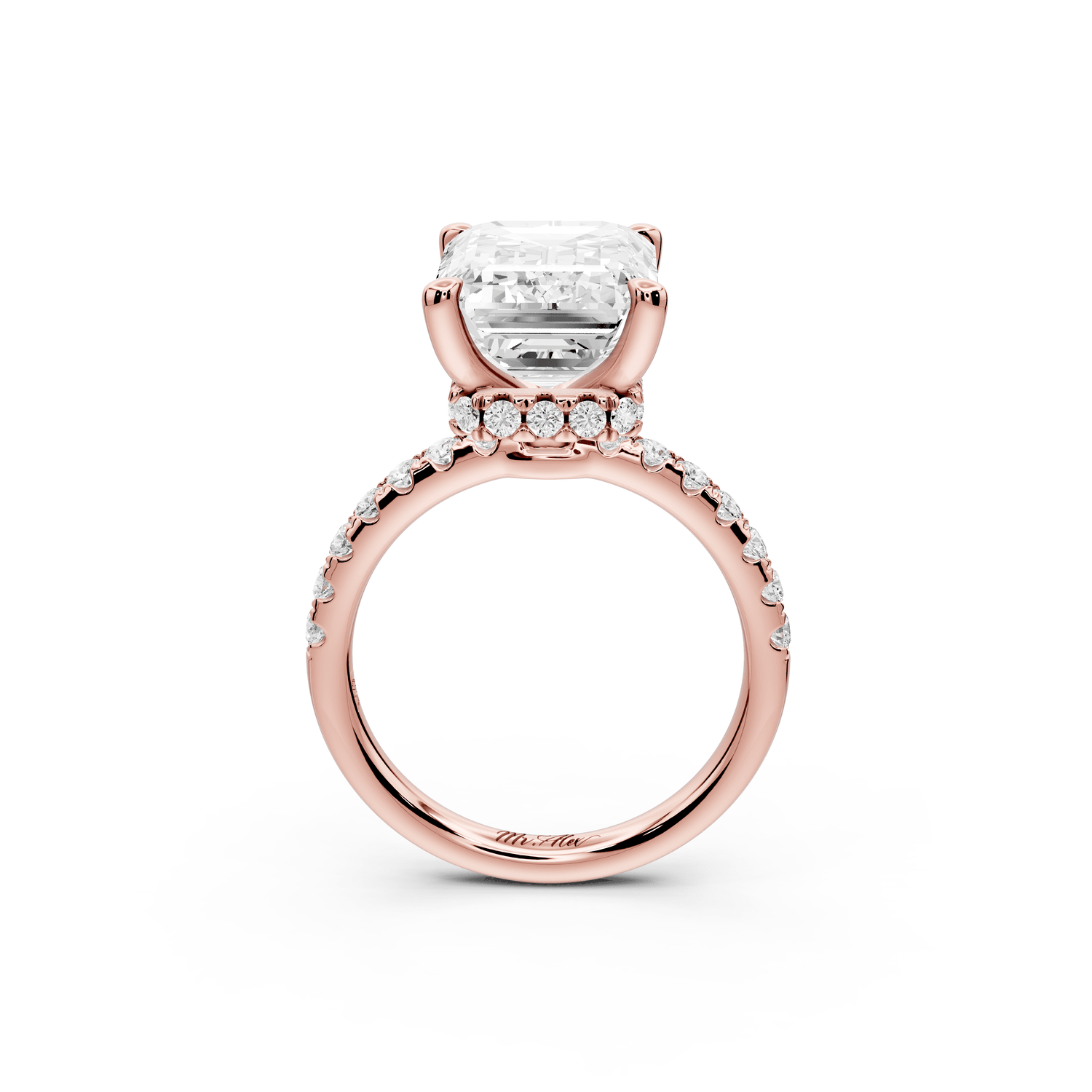 Arina - 5ct 18k rose gold emerald Diamond with a wrap around halo and pavé Engagement ring - Mr. Alex Jewelry