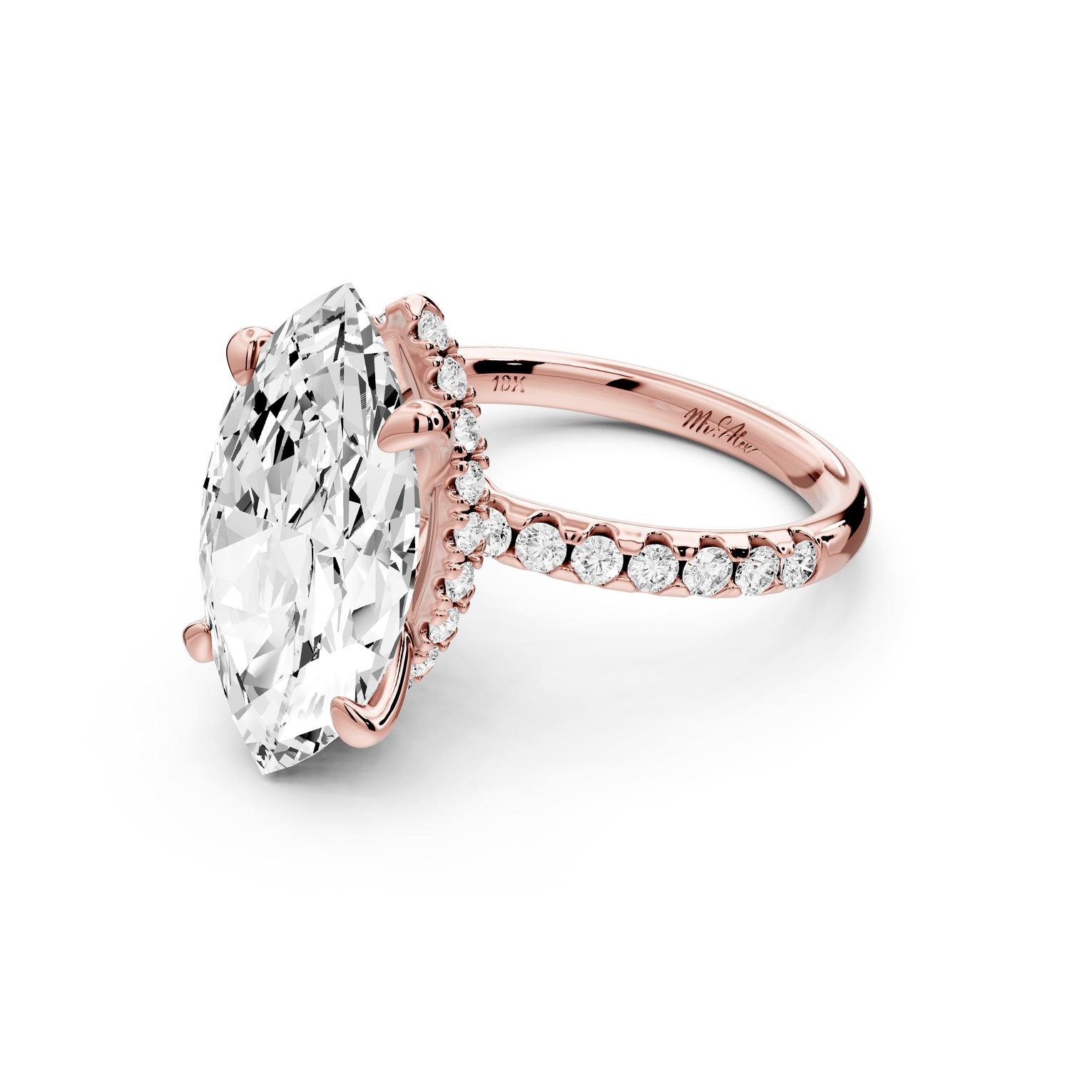 Arina - 5ct 18k rose gold marquise Diamond with a wrap around halo and pavé engagement ring - Mr. Alex Jewelry