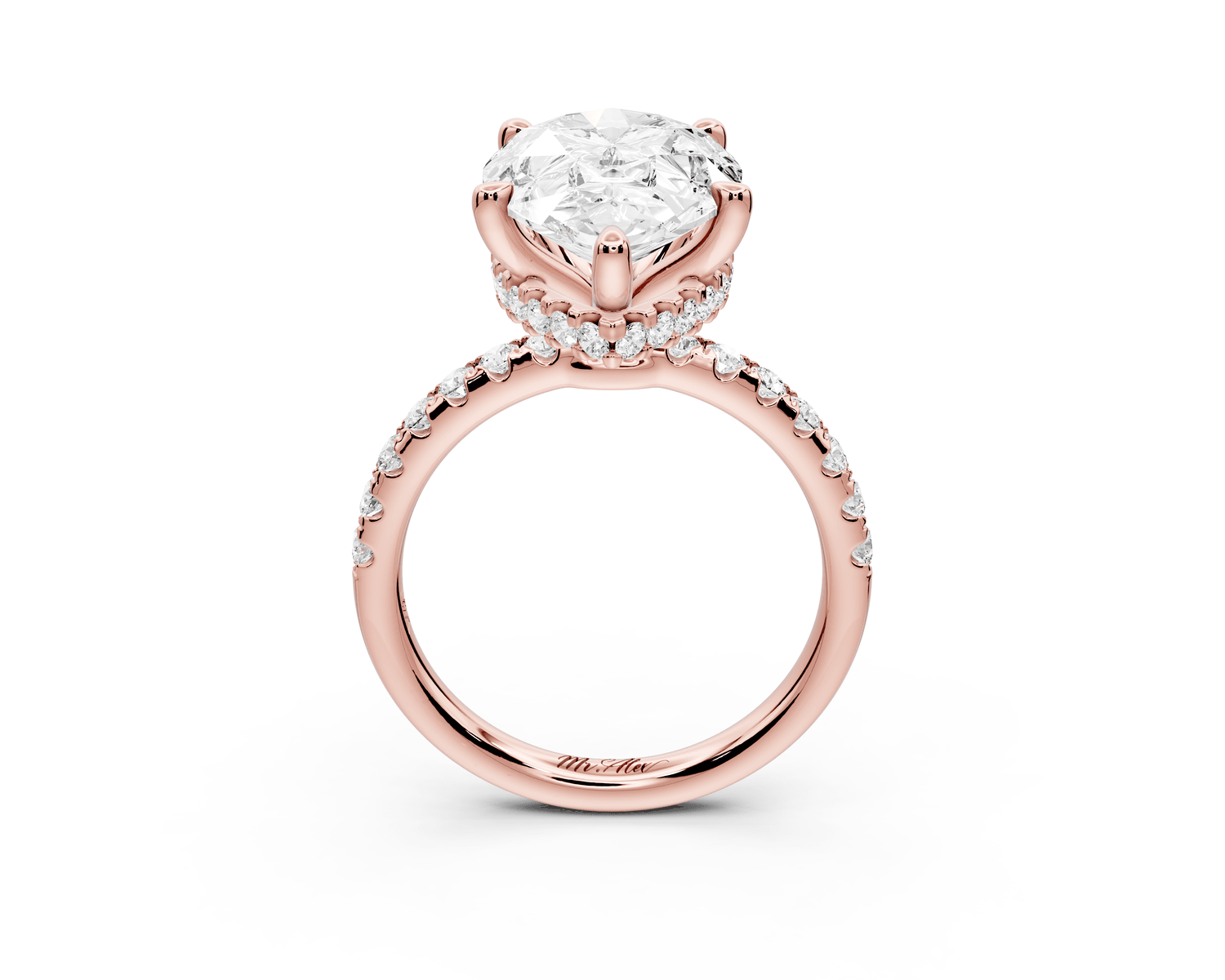 Arina - 5ct 18k rose gold pear Diamond with a wrap around halo and pavé Engagement ring - Mr. Alex Jewelry