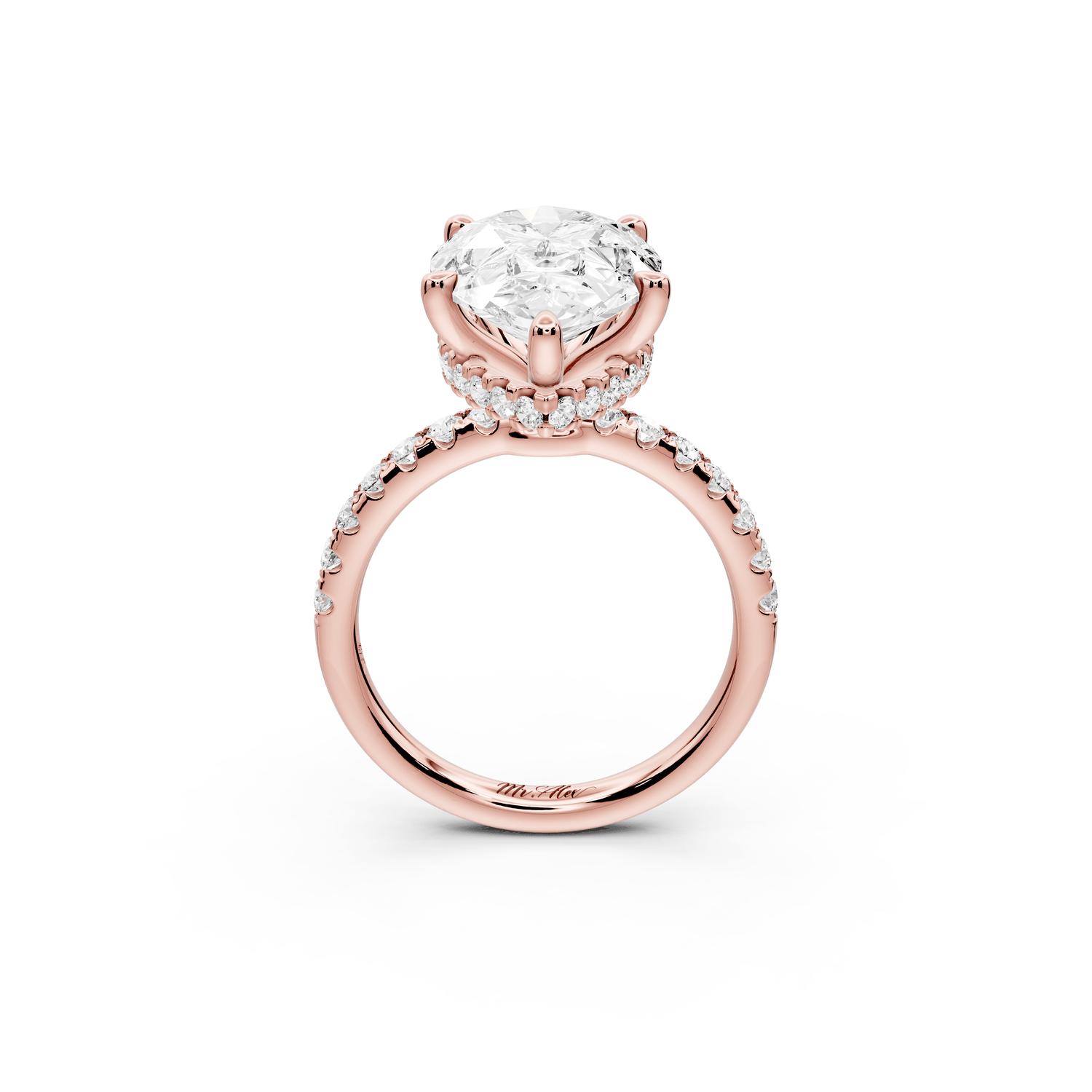 Arina - 5ct 18k rose gold pear Diamond with a wrap around halo and pavé Engagement ring - Mr. Alex Jewelry