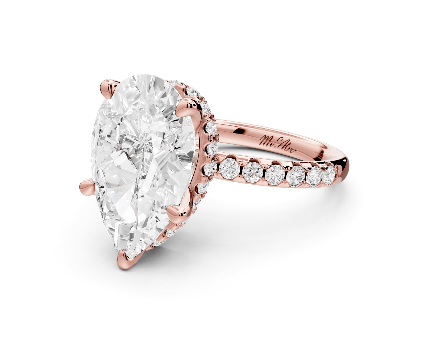 Arina - 5ct 18k rose gold pear Diamond with a wrap around halo and pavé Engagement ring - Mr. Alex Jewelry