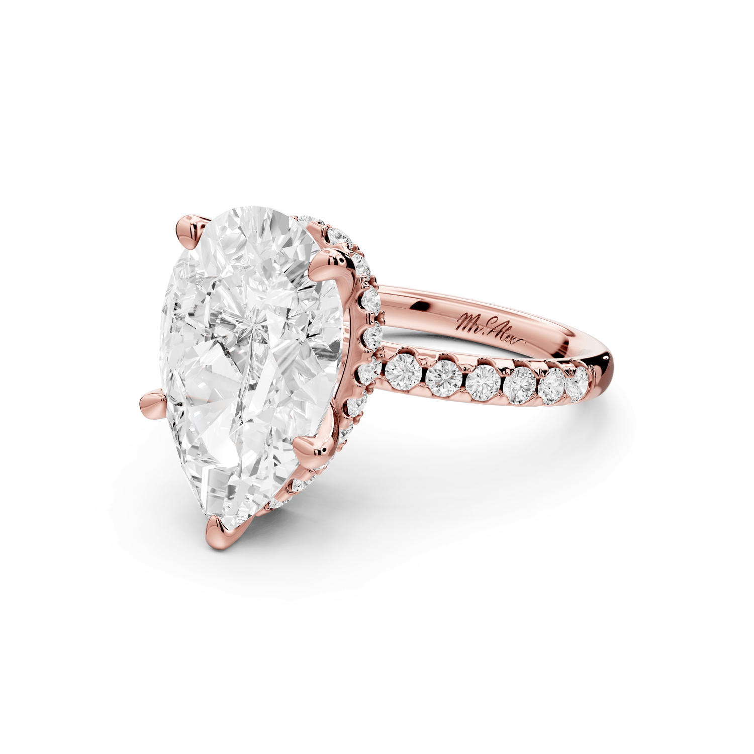 Arina - 5ct 18k rose gold pear Diamond with a wrap around halo and pavé Engagement ring - Mr. Alex Jewelry