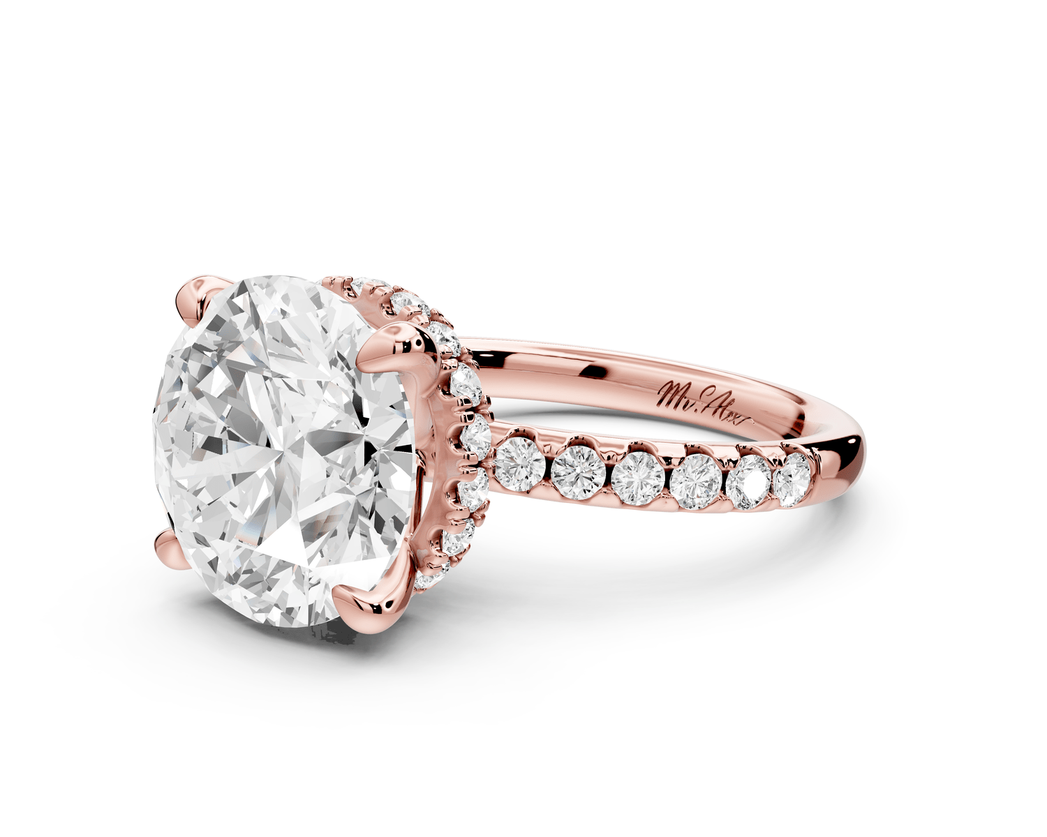 Arina - 5ct 18k rose gold round Diamond with a wrap around halo and pavé engagment ring - Mr. Alex Jewelry