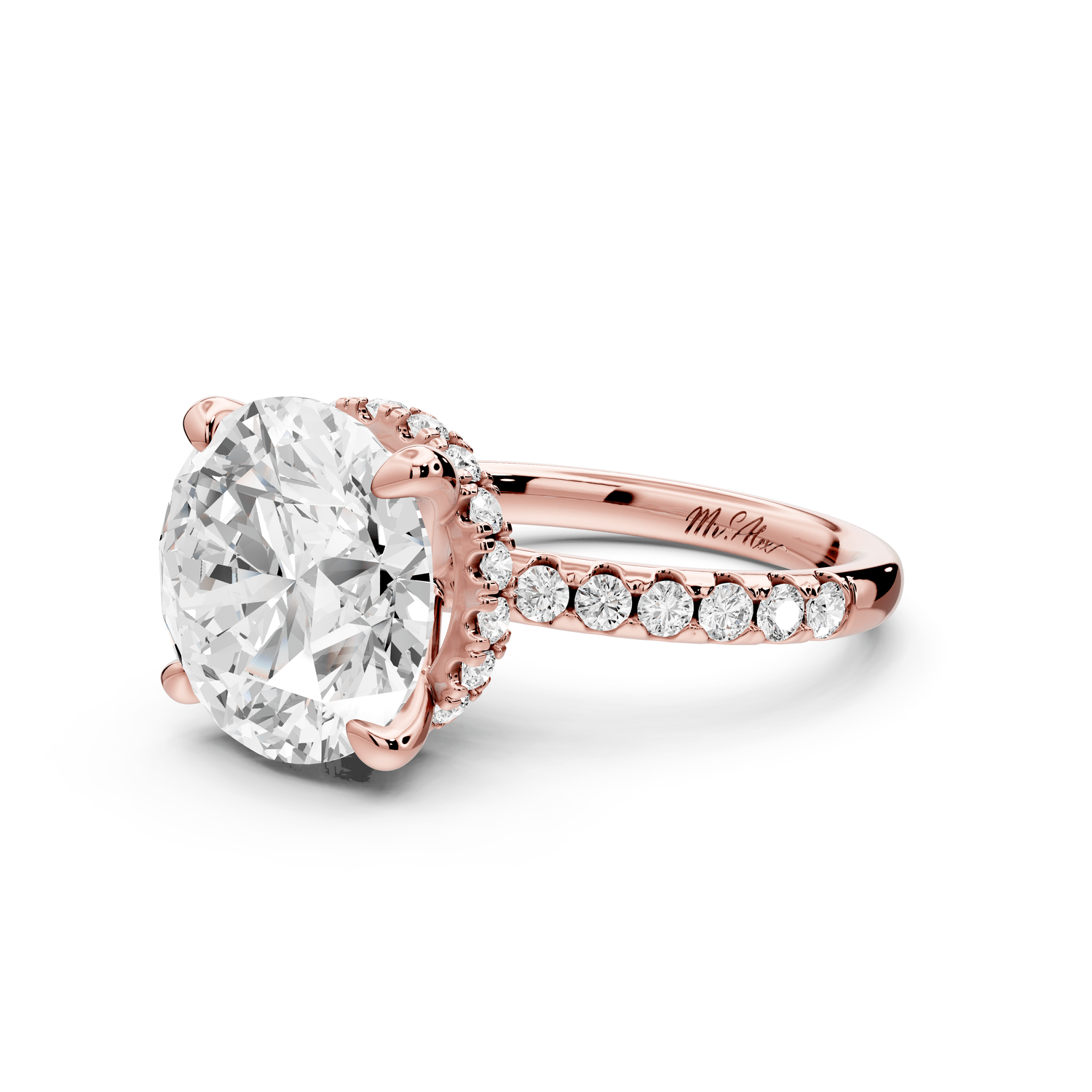 Arina - 5ct 18k rose gold round Diamond with a wrap around halo and pavé engagment ring - Mr. Alex Jewelry