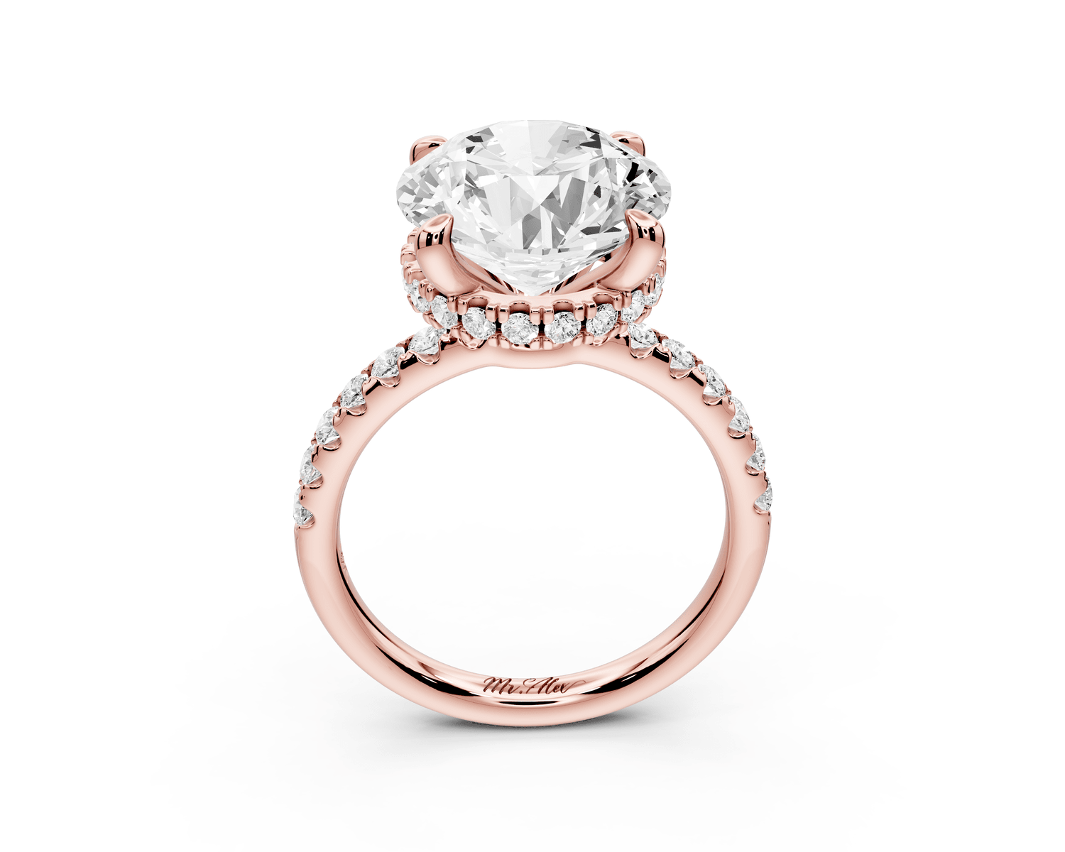 Arina - 5ct 18k rose gold round Diamond with a wrap around halo and pavé engagment ring - Mr. Alex Jewelry