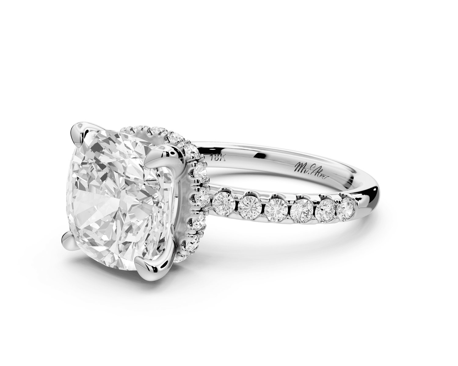Arina - 5ct 18k white gold cushion Diamond with a wrap around halo and pavé engagement ring - Mr. Alex Jewelry