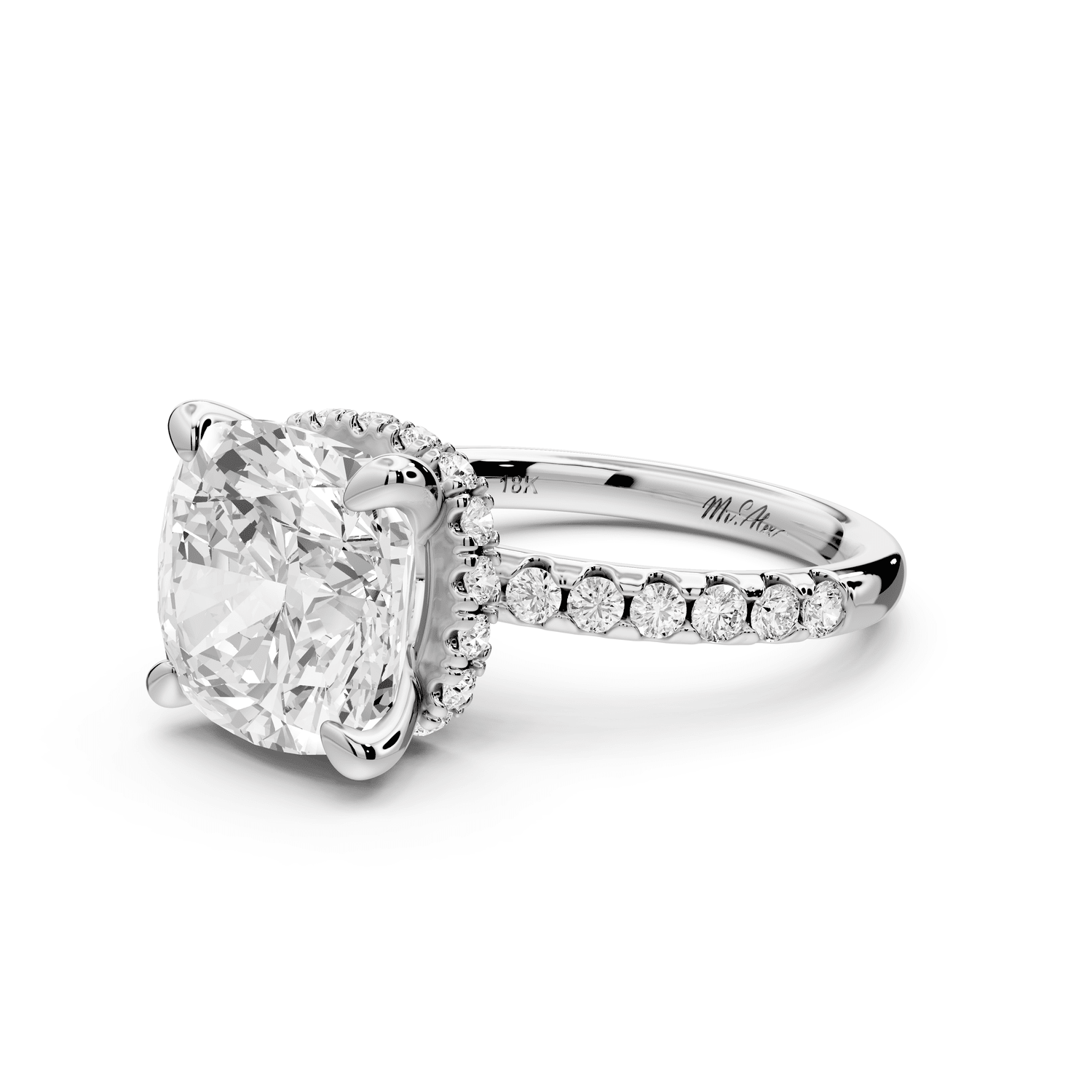 Arina - 5ct 18k white gold cushion Diamond with a wrap around halo and pavé engagement ring - Mr. Alex Jewelry