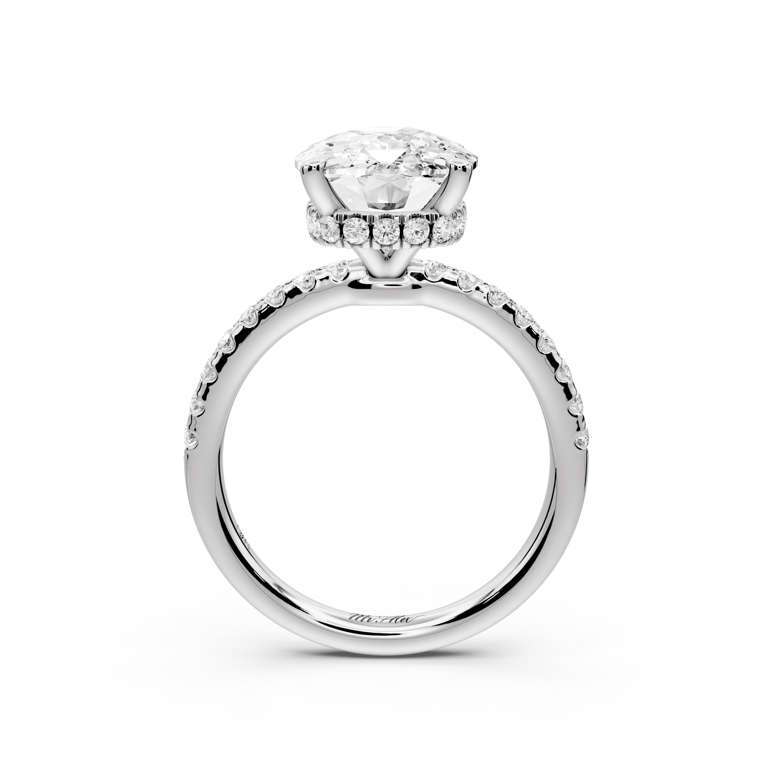 Arina - 5ct 18k white gold ecushion Diamond with a wrap around halo and pavé engagement ring - Mr. Alex Jewelry