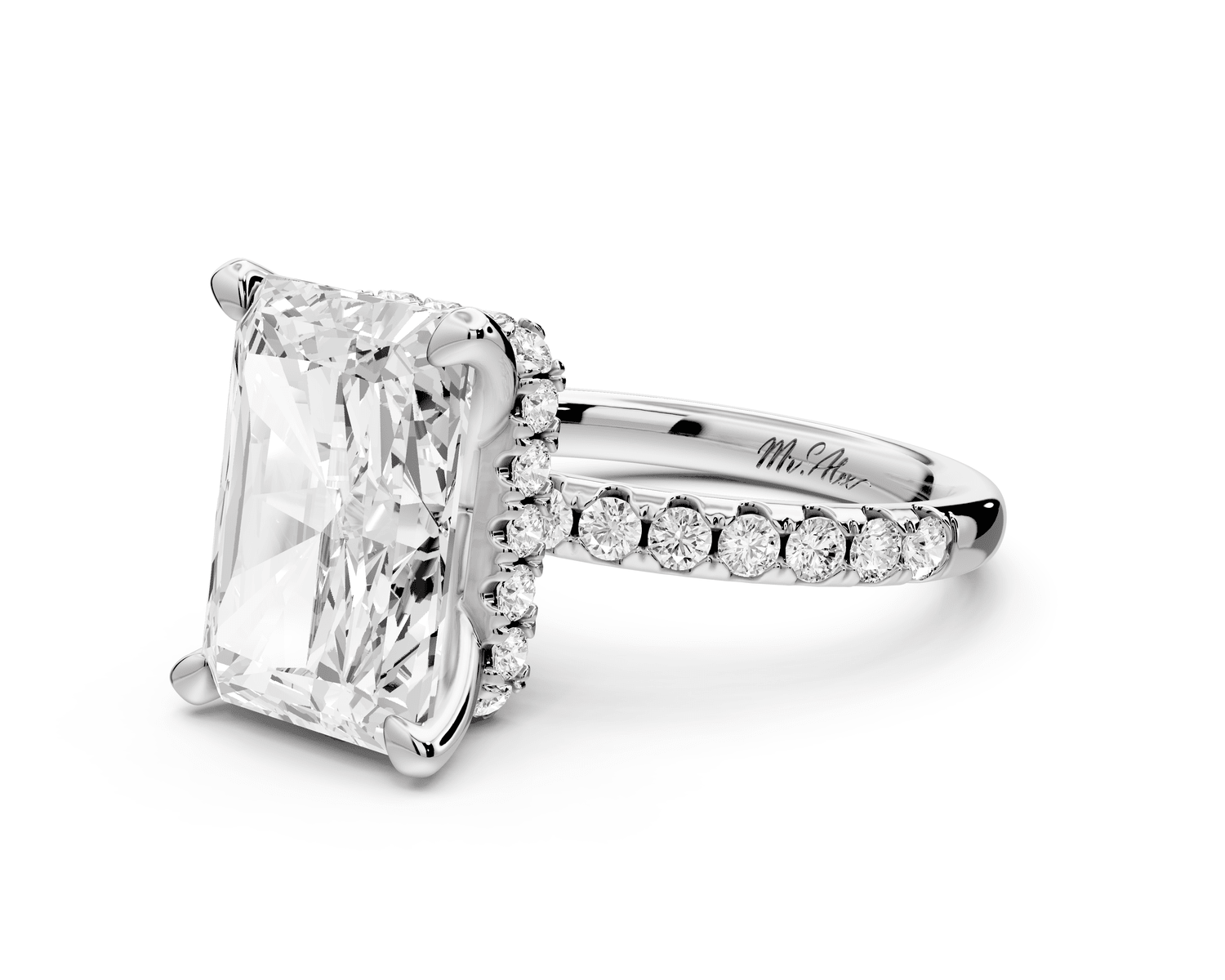Arina - 5ct 18k white gold radiant Diamond with a wrap around halo and pavé engagement ring - Mr. Alex Jewelry