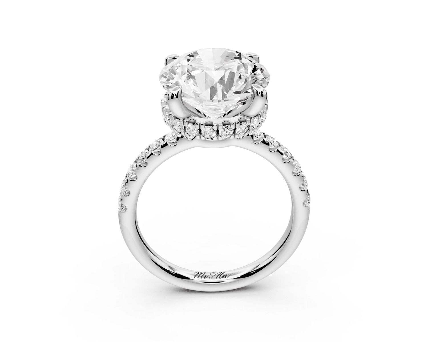 Arina - 5ct 18k white gold round Diamond with a wrap around halo and pavé engagment ring - Mr. Alex Jewelry