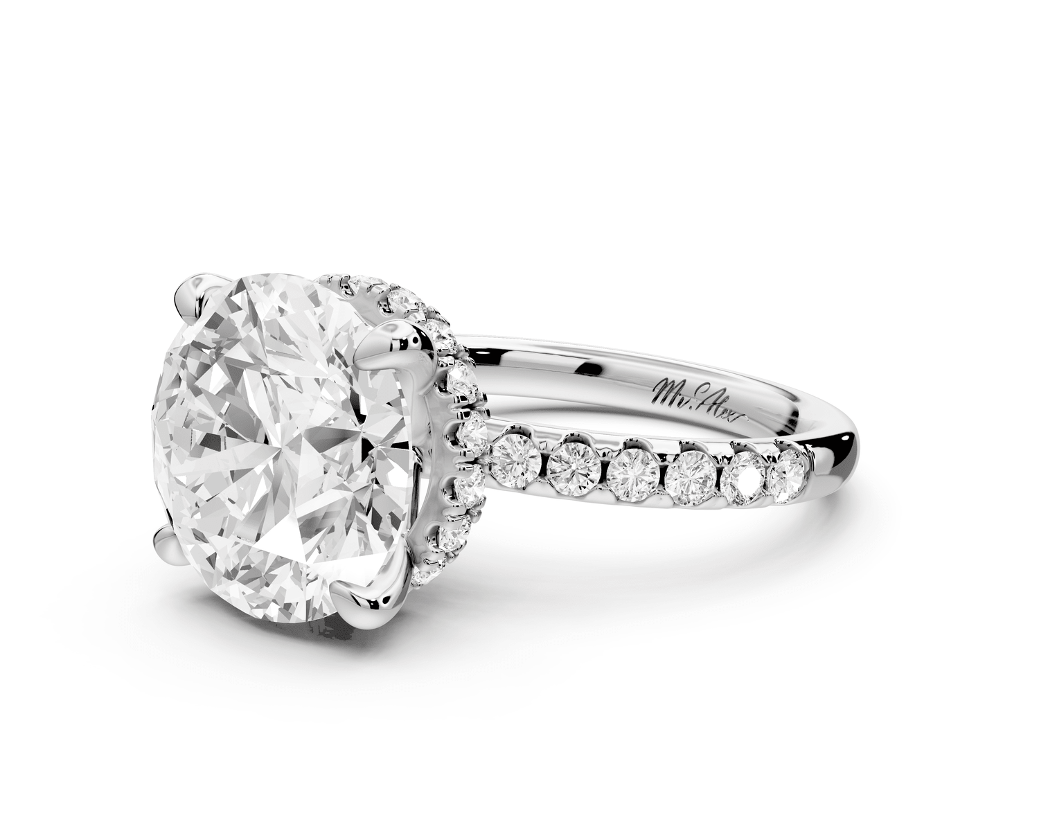 Arina - 5ct 18k white gold round Diamond with a wrap around halo and pavé engagment ring - Mr. Alex Jewelry