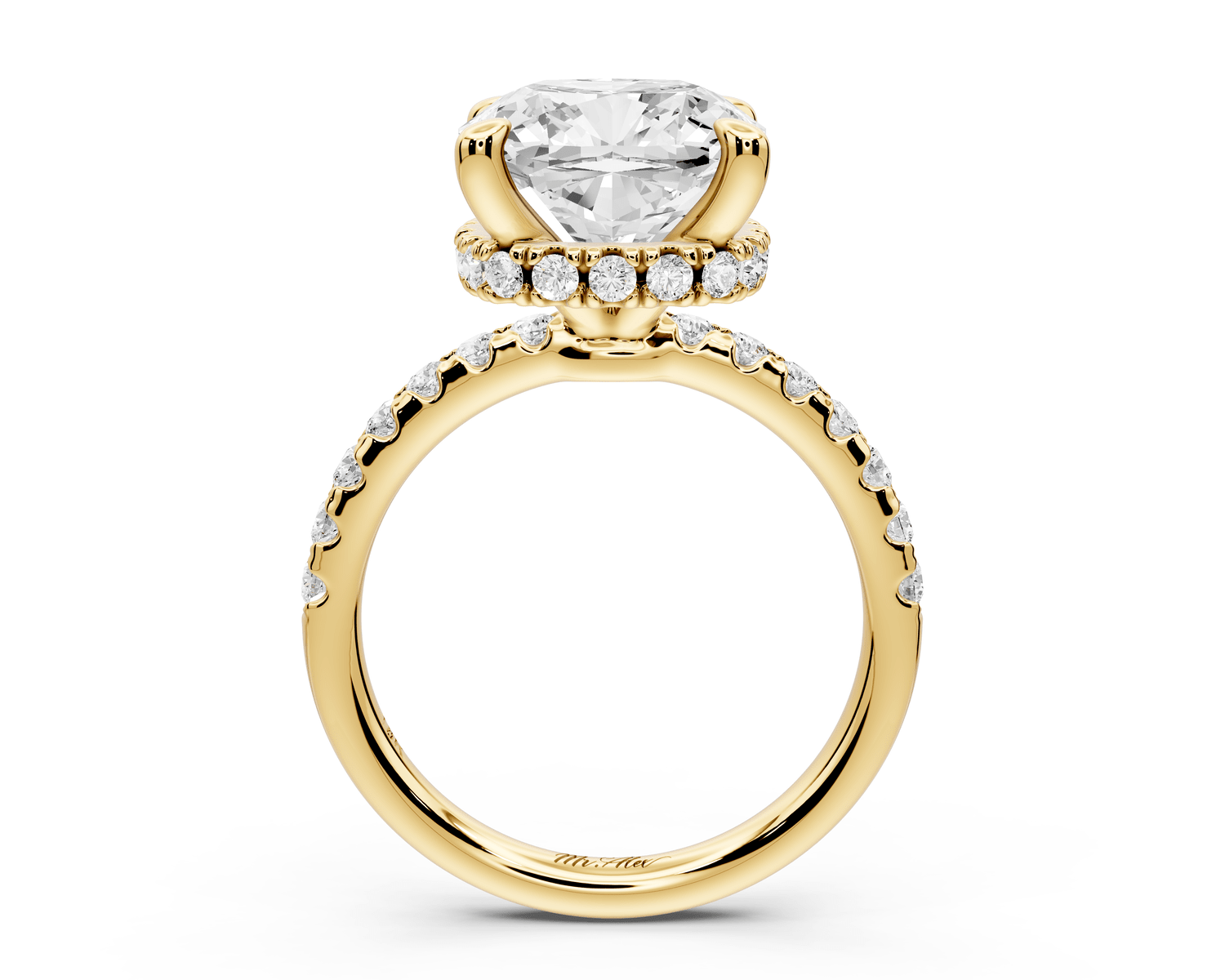 Arina - 5ct 18k yellow gold cushion Diamond with a wrap around halo and pavé engagement ring - Mr. Alex Jewelry