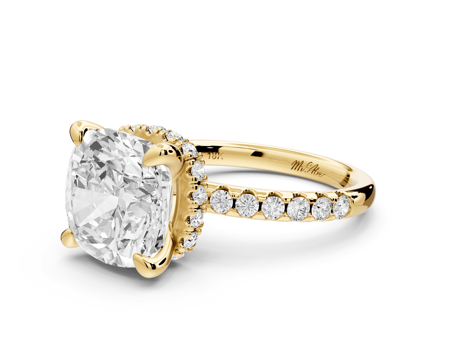 Arina - 5ct 18k yellow gold cushion Diamond with a wrap around halo and pavé engagement ring - Mr. Alex Jewelry