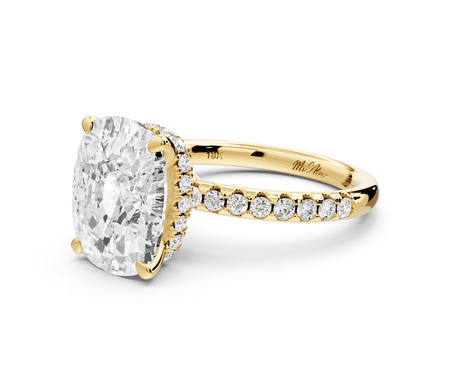 Arina - 5ct 18k yellow gold ecushion Diamond with a wrap around halo and pavé engagement ring - Mr. Alex Jewelry