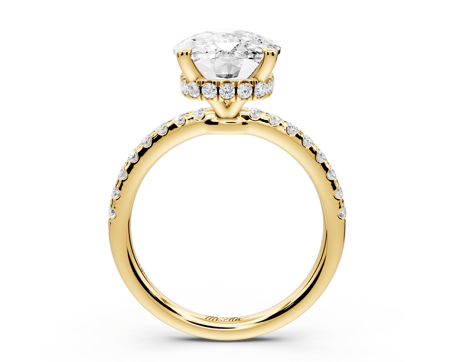 Arina - 5ct 18k yellow gold ecushion Diamond with a wrap around halo and pavé engagement ring - Mr. Alex Jewelry