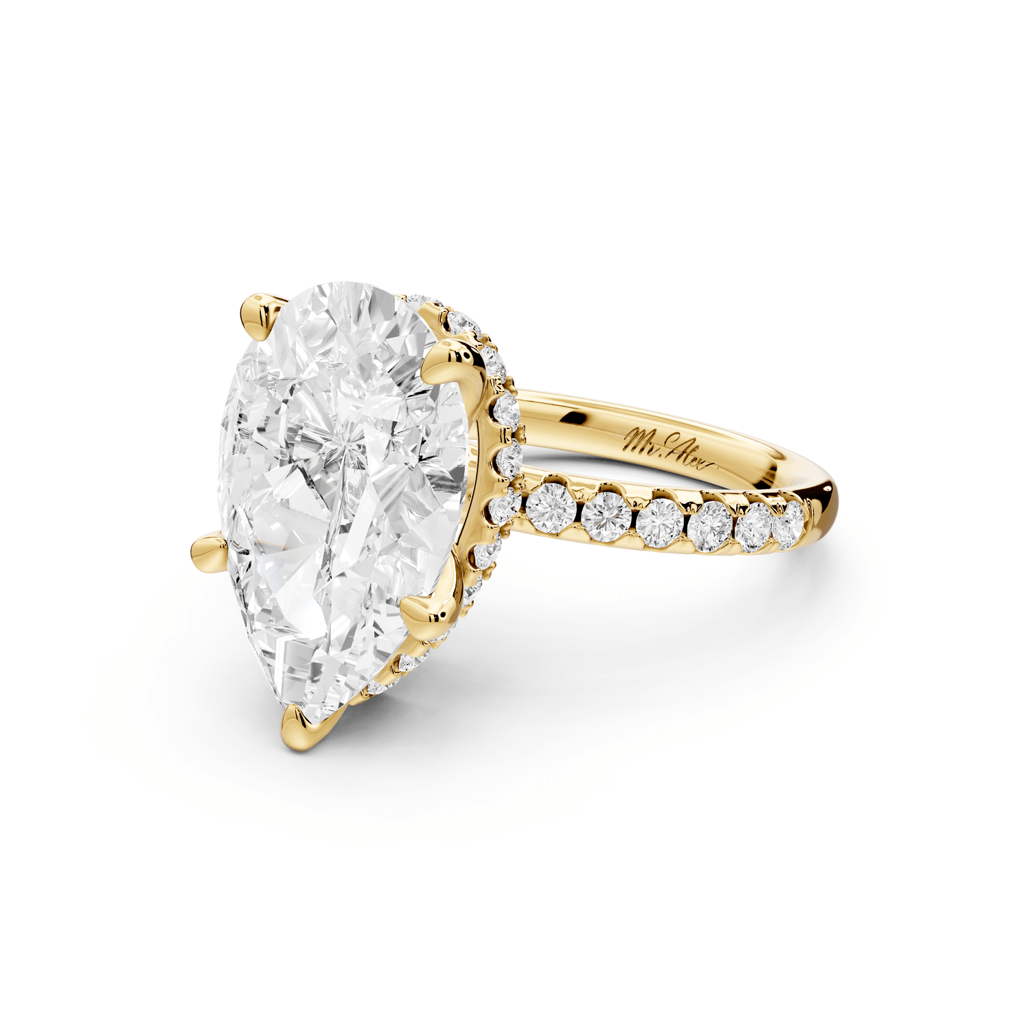 Arina - 5ct 18k yellow gold pear Diamond with a wrap around halo and pavé Engagement ring - Mr. Alex Jewelry