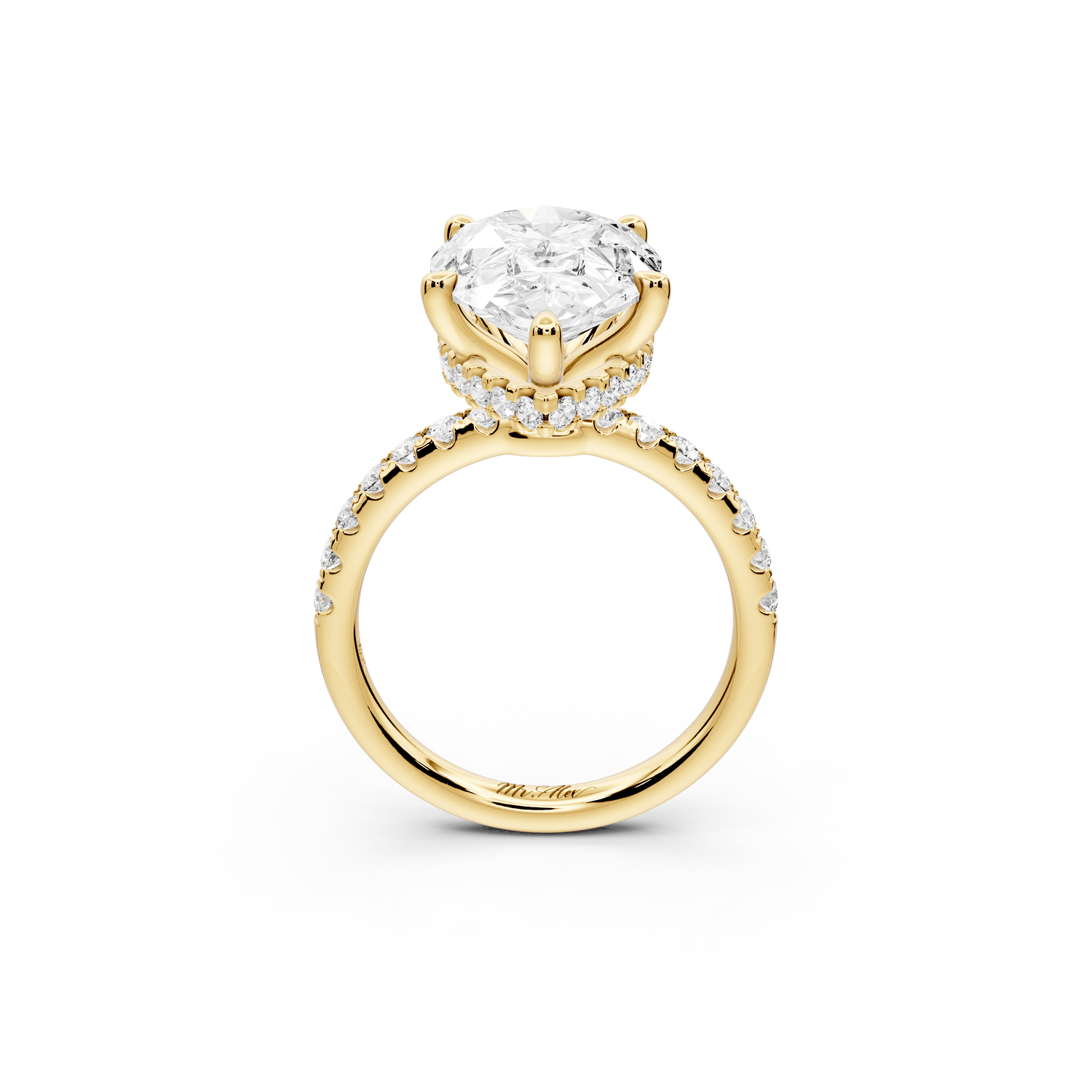 Arina - 5ct 18k yellow gold pear Diamond with a wrap around halo and pavé Engagement ring - Mr. Alex Jewelry