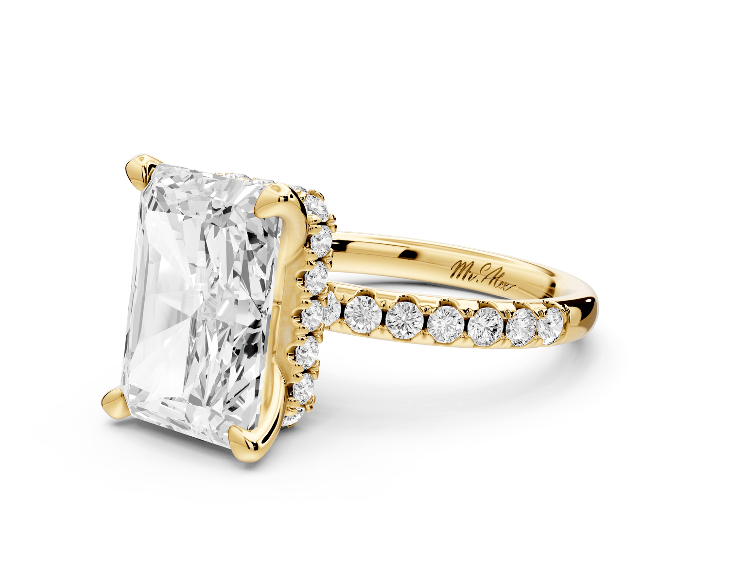 Arina - 5ct 18k yellow gold radiant Diamond with a wrap around halo and pavé engagement ring - Mr. Alex Jewelry
