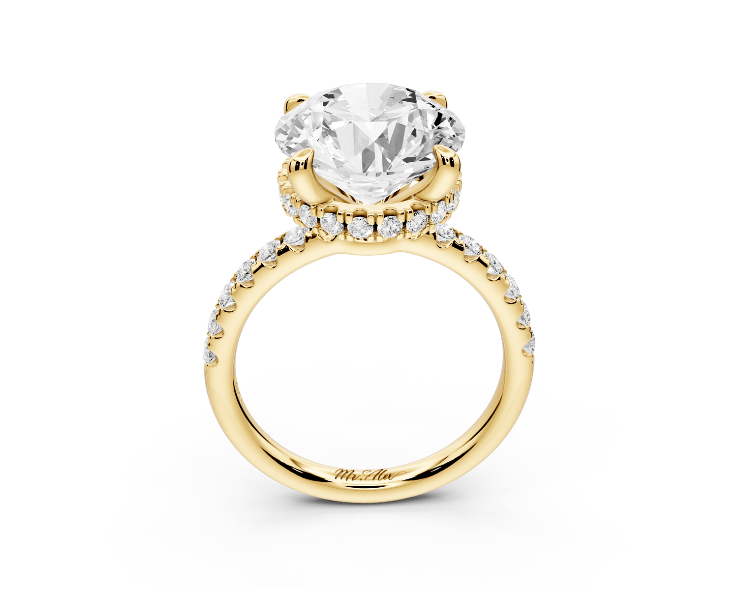 Arina - 5ct 18k yellow gold round Diamond with a wrap around halo and pavé engagment ring - Mr. Alex Jewelry
