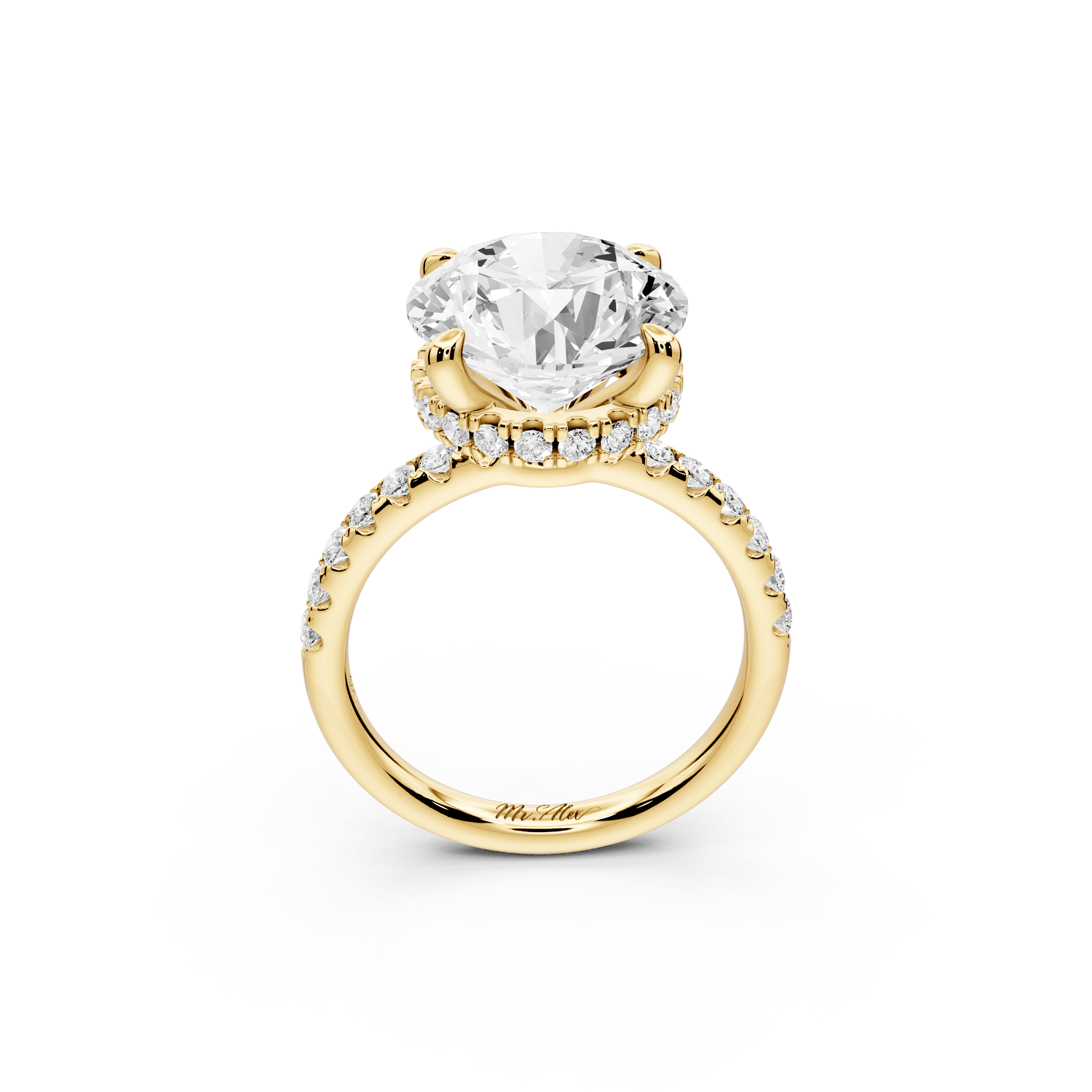 Arina - 5ct 18k yellow gold round Diamond with a wrap around halo and pavé engagment ring - Mr. Alex Jewelry