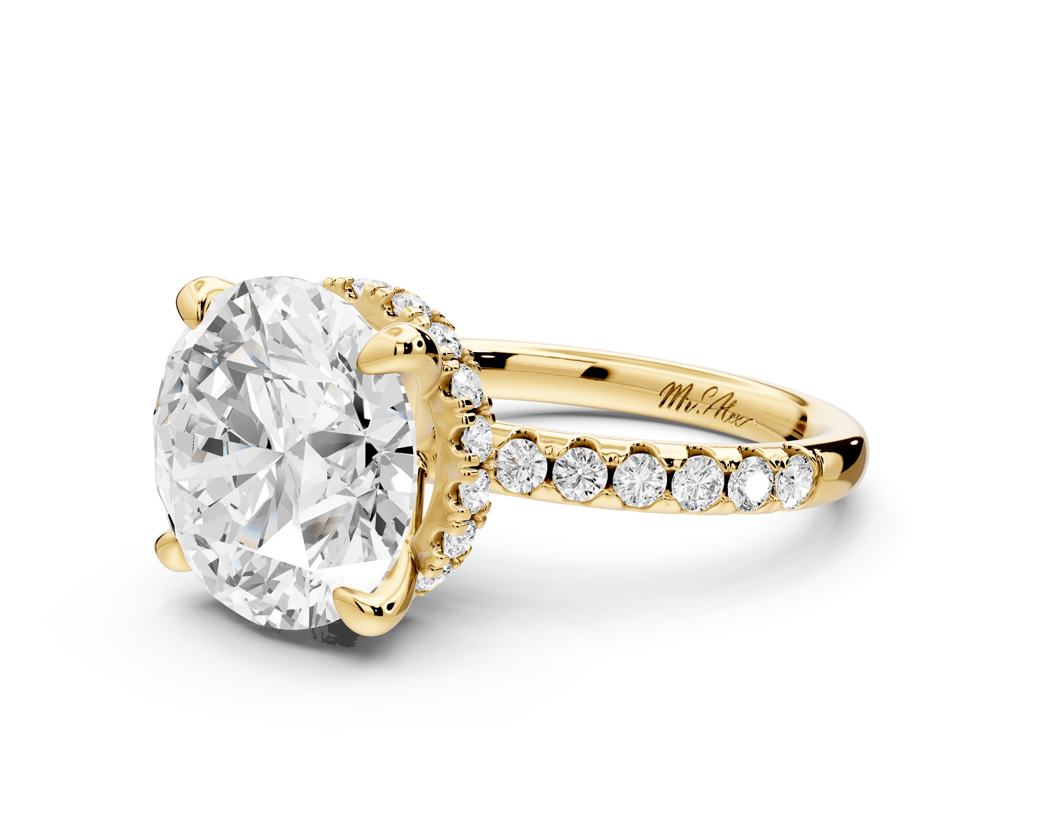 Arina - 5ct 18k yellow gold round Diamond with a wrap around halo and pavé engagment ring - Mr. Alex Jewelry