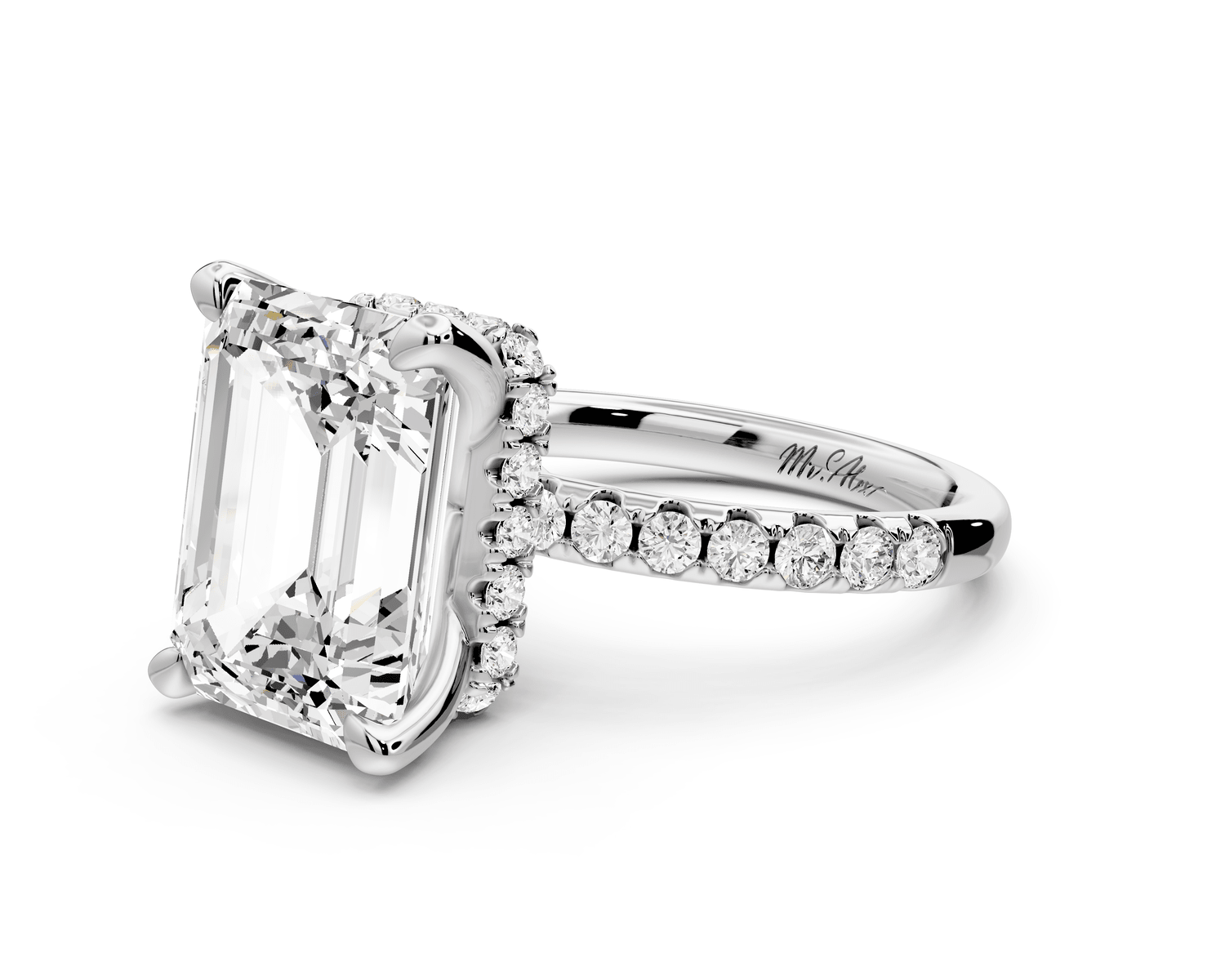 Arina - 5ct platinum emerald Diamond with a wrap around halo and pavé Engagement ring - Mr. Alex Jewelry