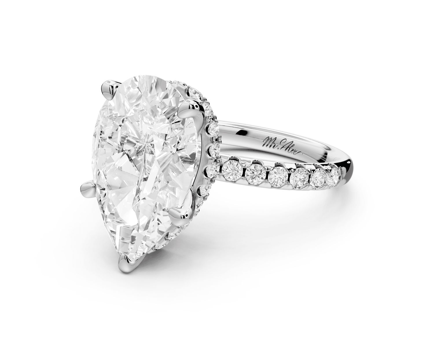 Arina - 5ct platinum pear Diamond with a wrap around halo and pavé Engagement ring - Mr. Alex Jewelry