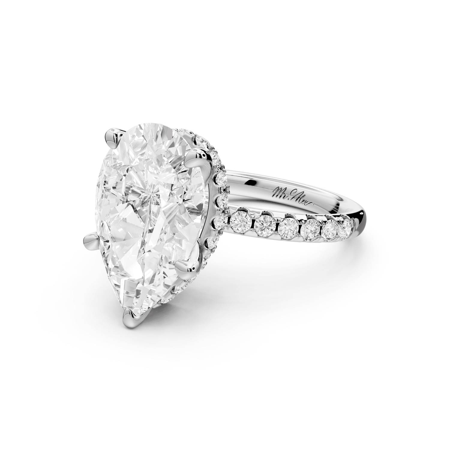 Arina - 5ct platinum pear Diamond with a wrap around halo and pavé Engagement ring - Mr. Alex Jewelry