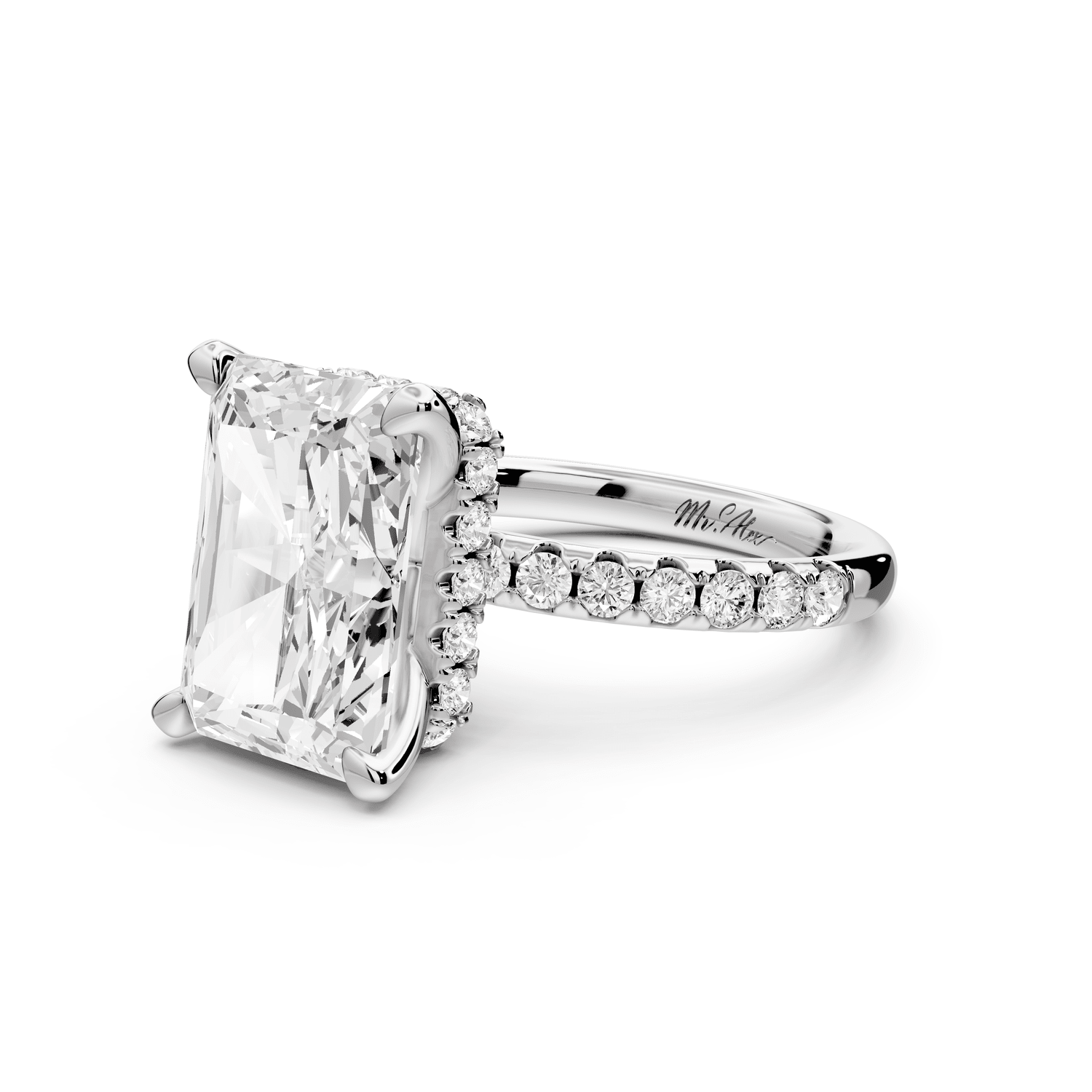 Arina - 5ct platinum radiant Diamond with a wrap around halo and pavé engagement ring - Mr. Alex Jewelry
