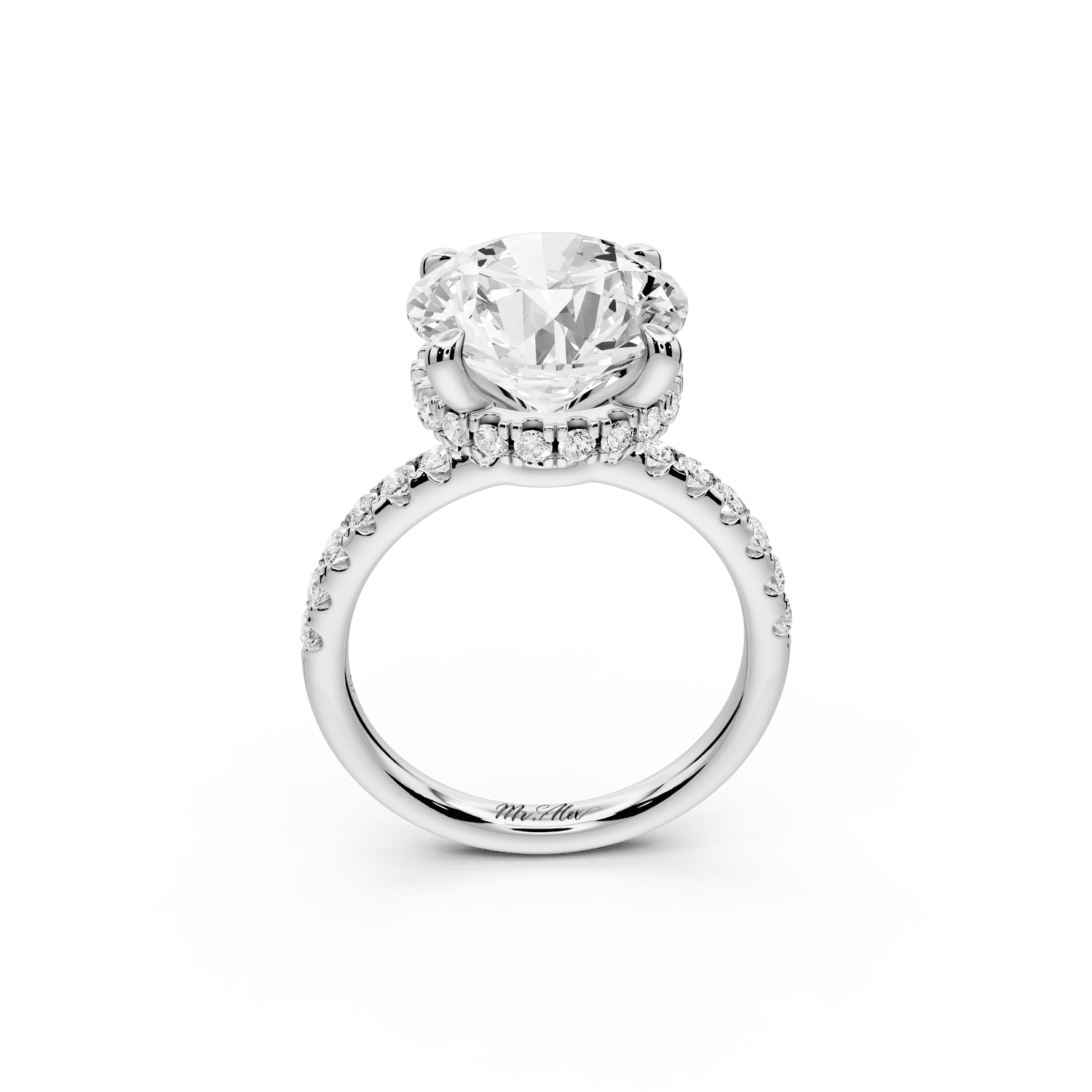 Arina - 5ct platinum round Diamond with a wrap around halo and pavé engagment ring - Mr. Alex Jewelry