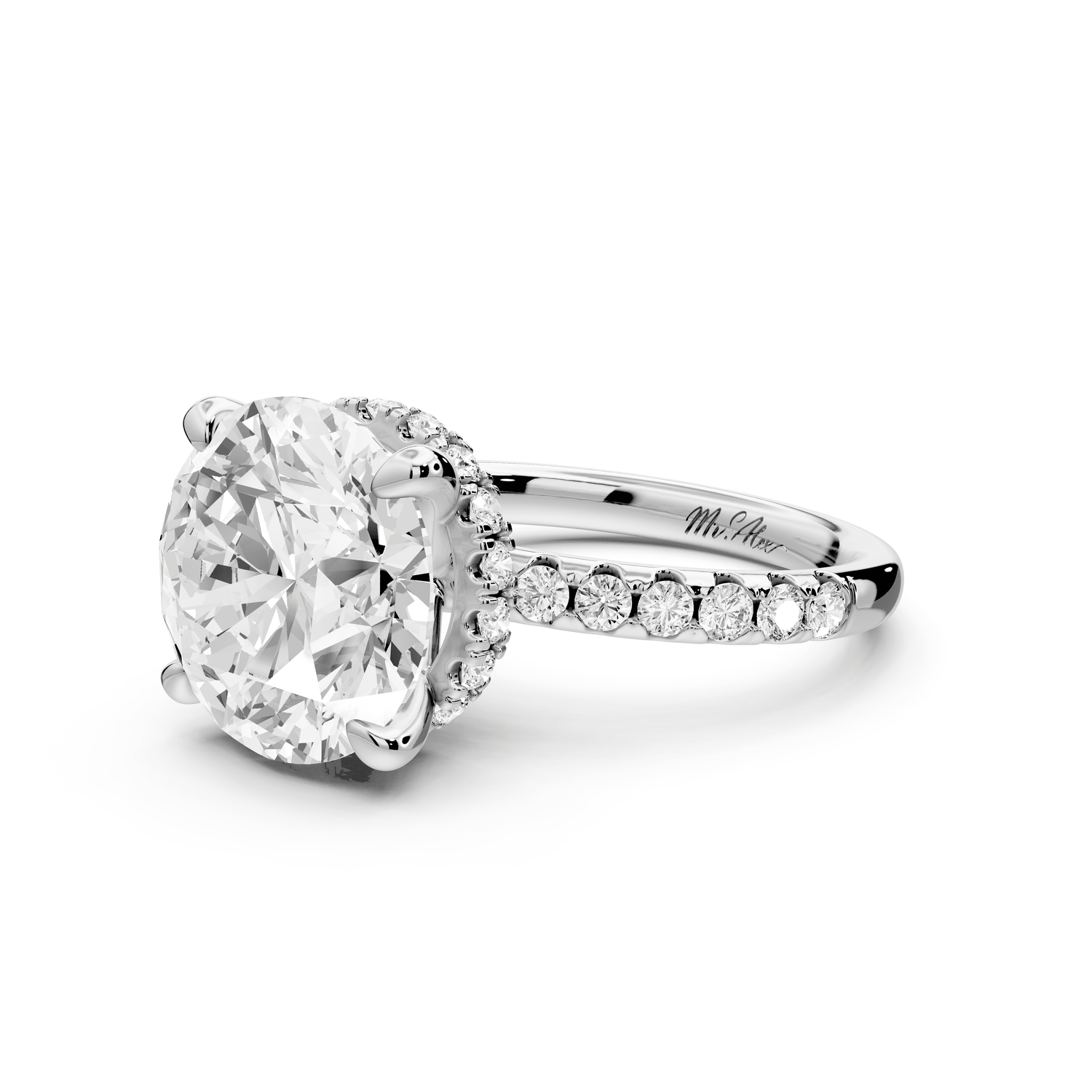 Arina - 5ct platinum round Diamond with a wrap around halo and pavé engagment ring - Mr. Alex Jewelry
