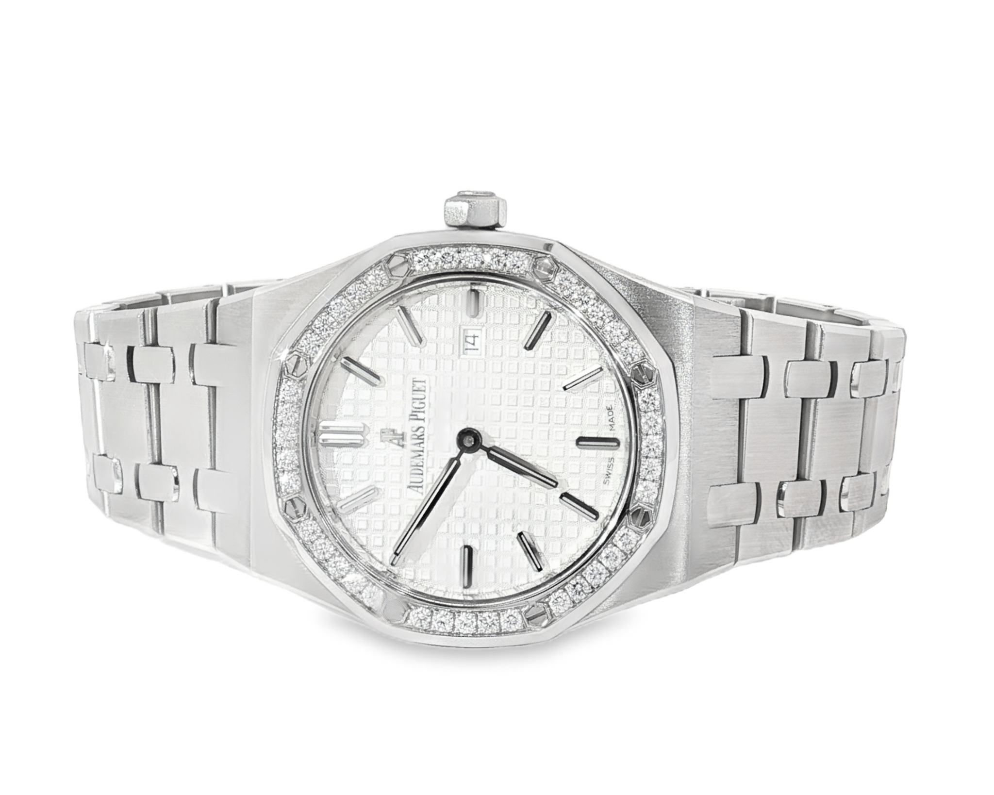Audemars Piguet Royal Oak 34mm Stainless Steel White Dial Diamond Bezel Ref:77350ST - Mr. Alex Jewelry