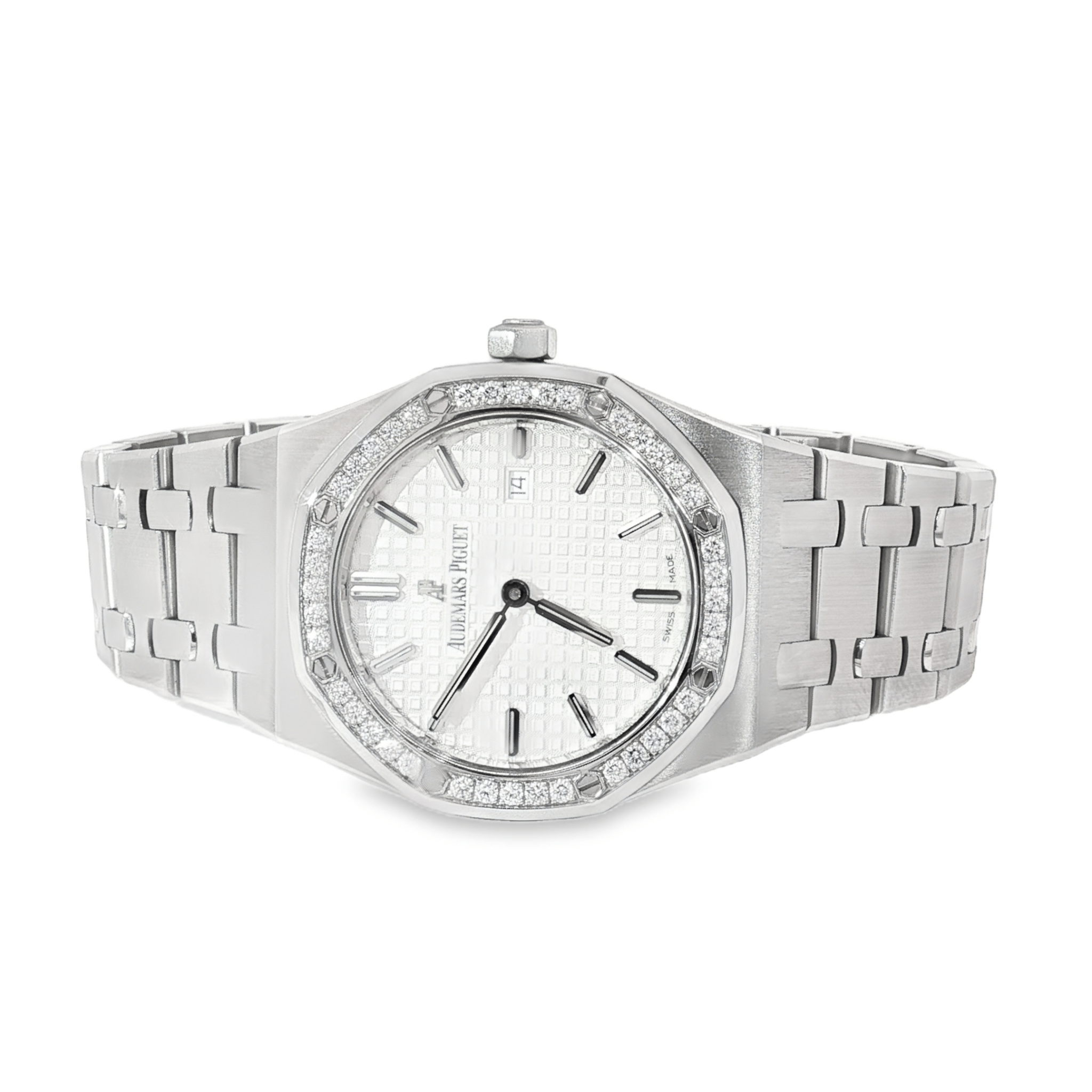 Audemars Piguet Royal Oak 34mm Stainless Steel White Dial Diamond Bezel Ref:77350ST - Mr. Alex Jewelry