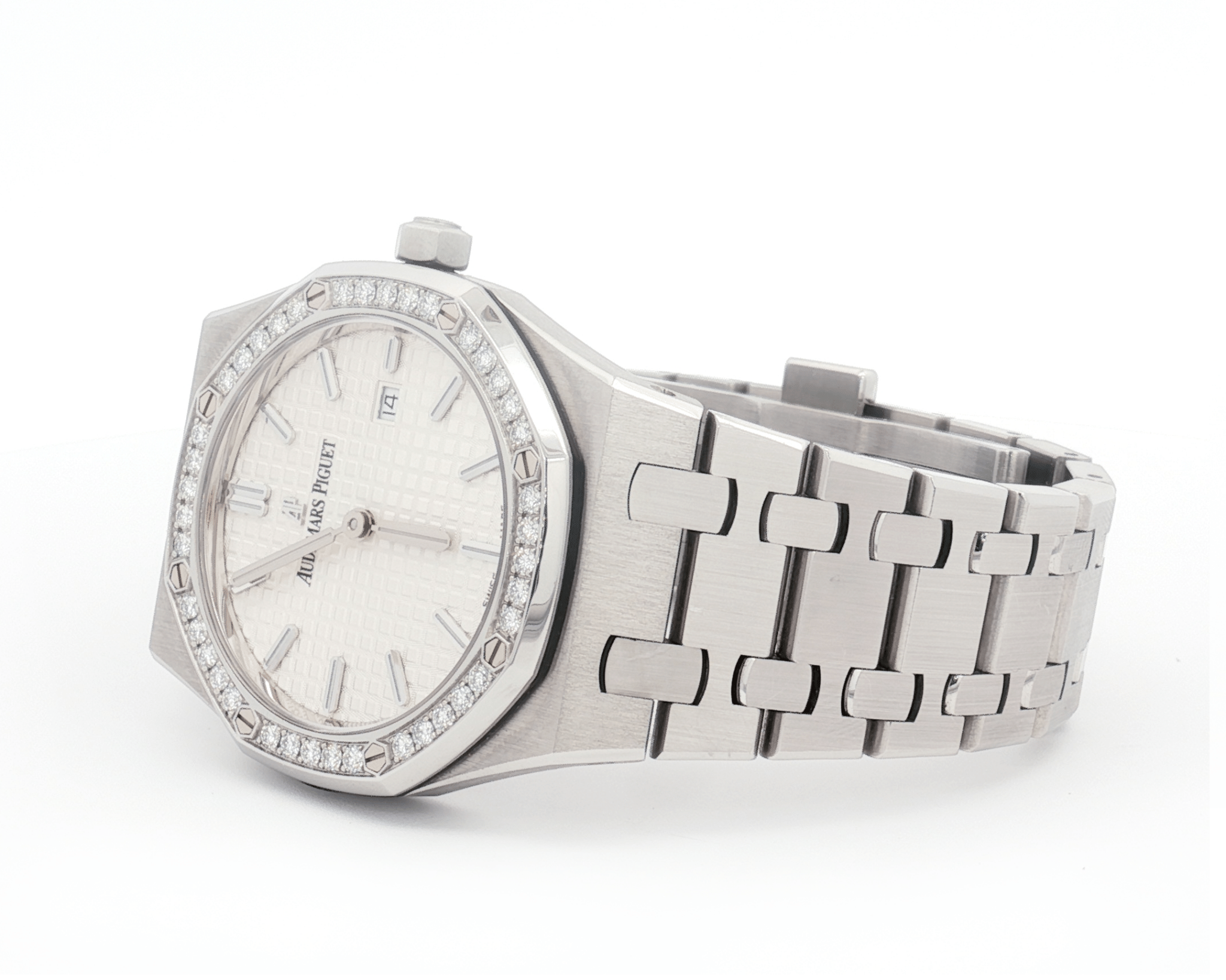 Audemars Piguet Royal Oak 34mm Stainless Steel White Dial Diamond Bezel Ref:77350ST - Mr. Alex Jewelry