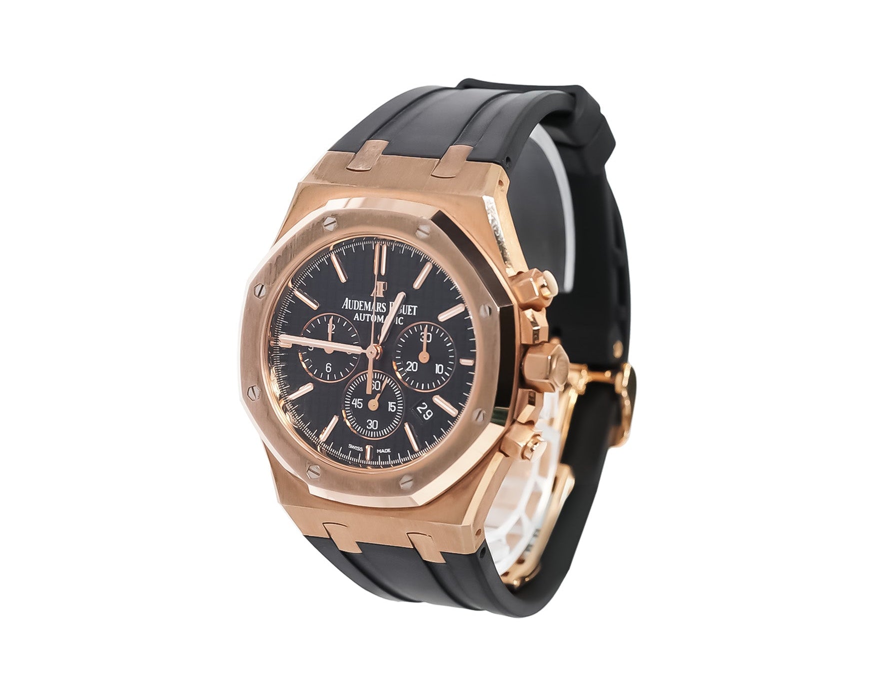 Audemars Piguet Royal Oak Chronograph 41mm Rose Gold Black Dial Rubber Strap Ref:26320OR - Mr. Alex Jewelry