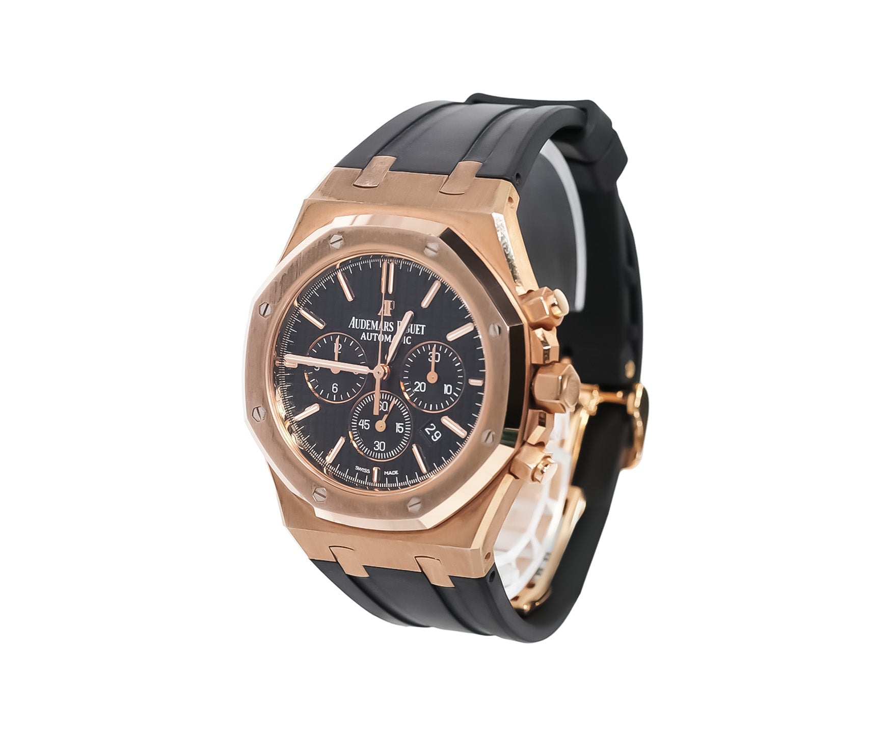 Audemars Piguet Royal Oak Chronograph 41mm Rose Gold Black Dial Rubber Strap Ref:26320OR - Mr. Alex Jewelry