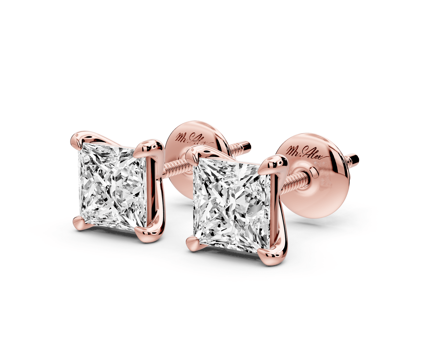 Aura - 2ct 14k rose gold Princess - Cut Diamond Stud Earrings - Mr. Alex Jewelry