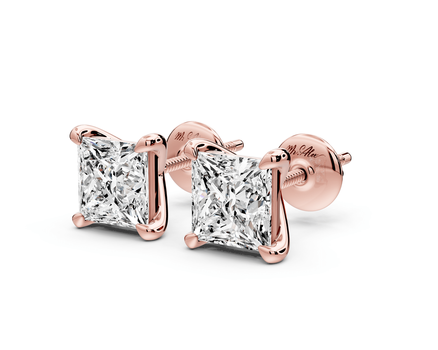 Aura - 3ct 14k rose gold Princess - Cut Diamond Stud Earrings - Mr. Alex Jewelry